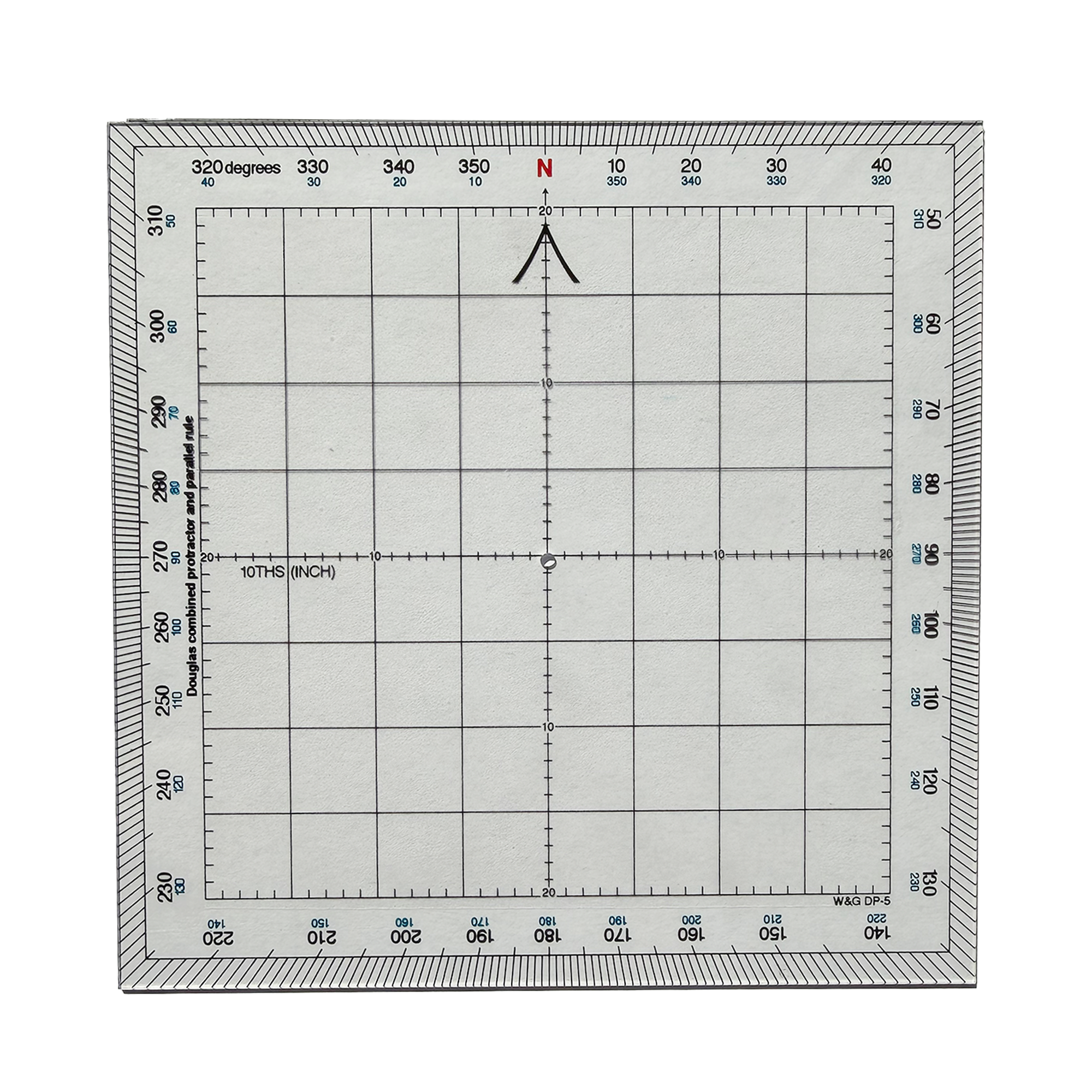 A square transparent plastic ruler with a printed grid, degree markings on a plain white background.