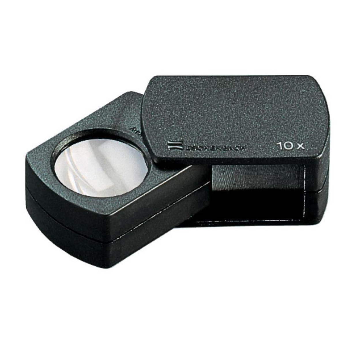 A black 10x magnifying loupe with a textured plastic body and circular lens
