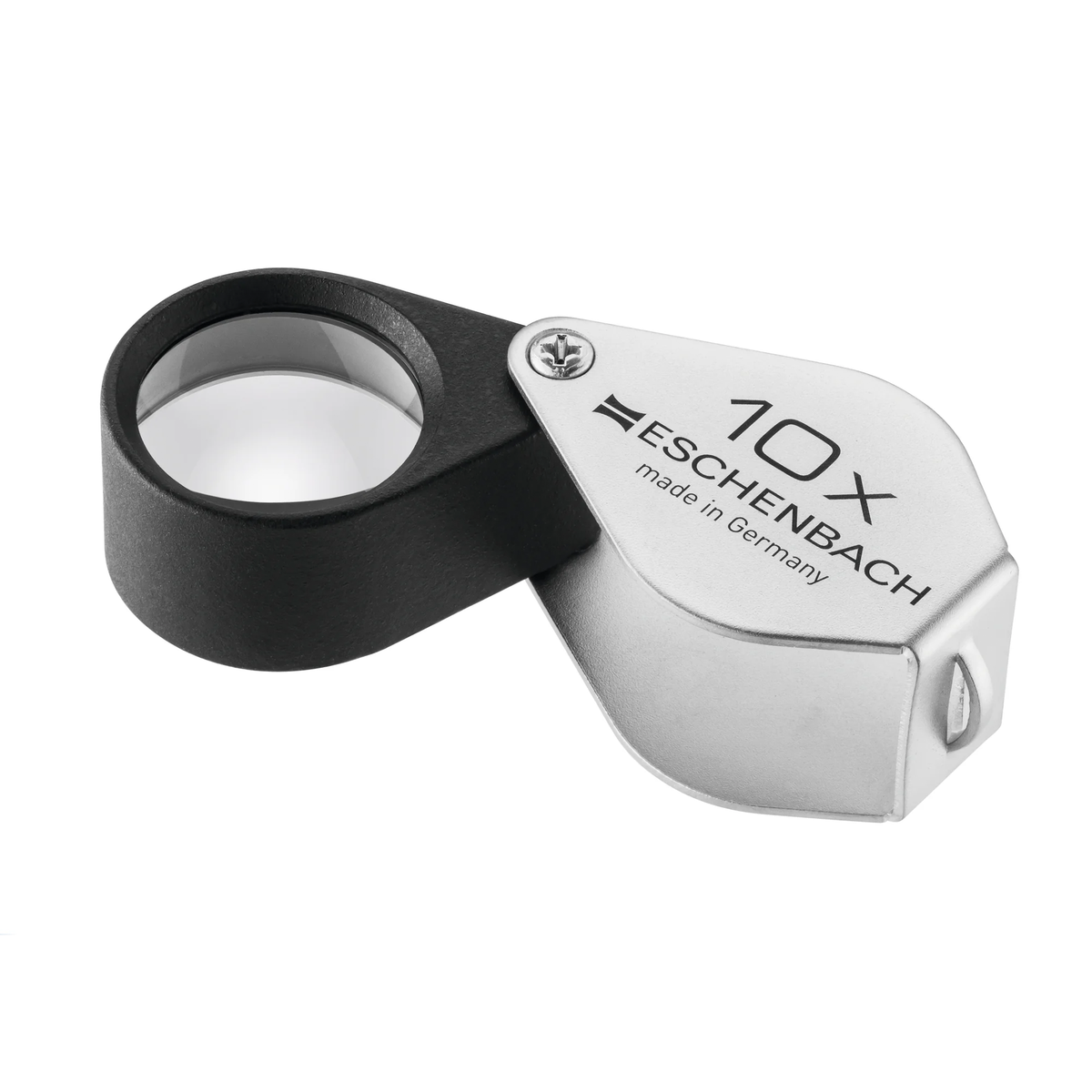 A 10x magnifying glass with a polished silver metal body engraved with 10x