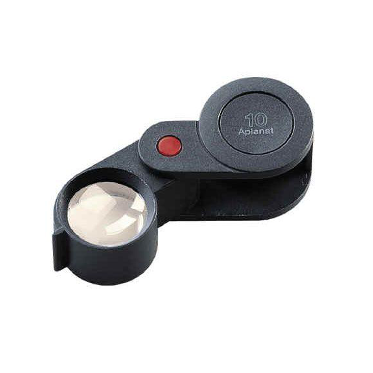 A black 10x magnifying loupe with a red button, shown on a plain white background.
