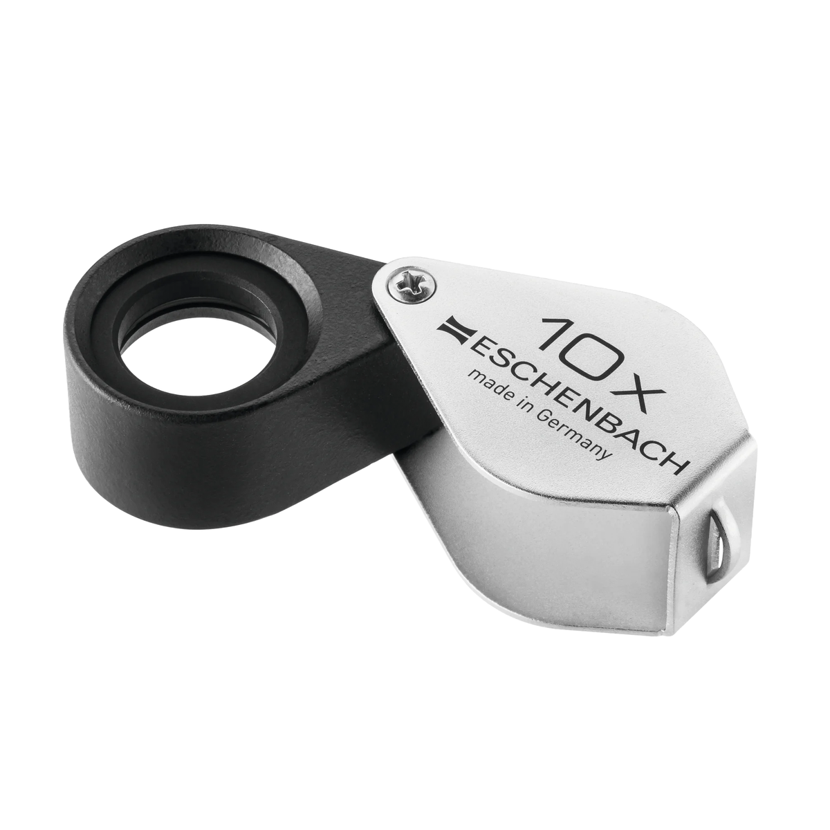 A 10x magnifying loupe by Eschenbach, featuring a matte black polished silver metal body