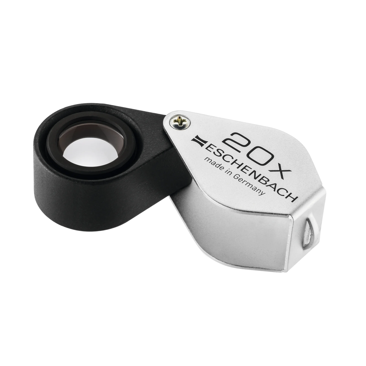 A 20x magnifying loupe by Eschenbach, featuring a matte black body and polished silver metal