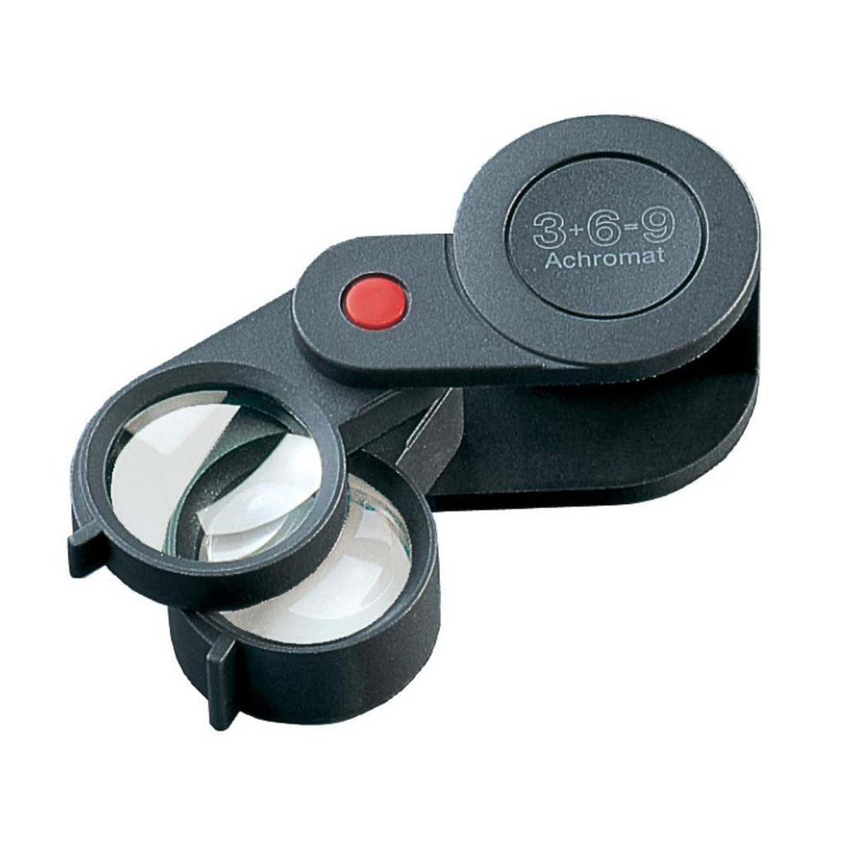 A black magnifier loupe with two magnifying lenses shown on a white background.
