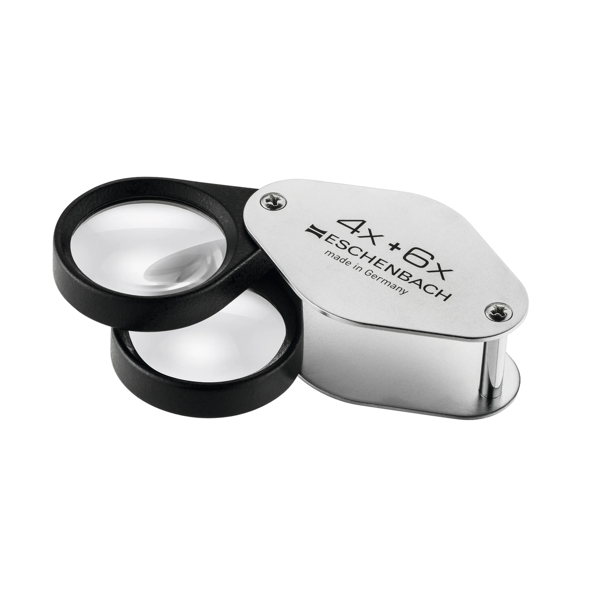 A 4x+6x magnifying loupe with a polished silver metal body, featuring the Eschenbach logo