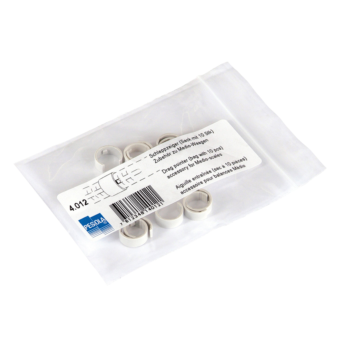 A clear plastic bag containing 10 small white cylindrical clips