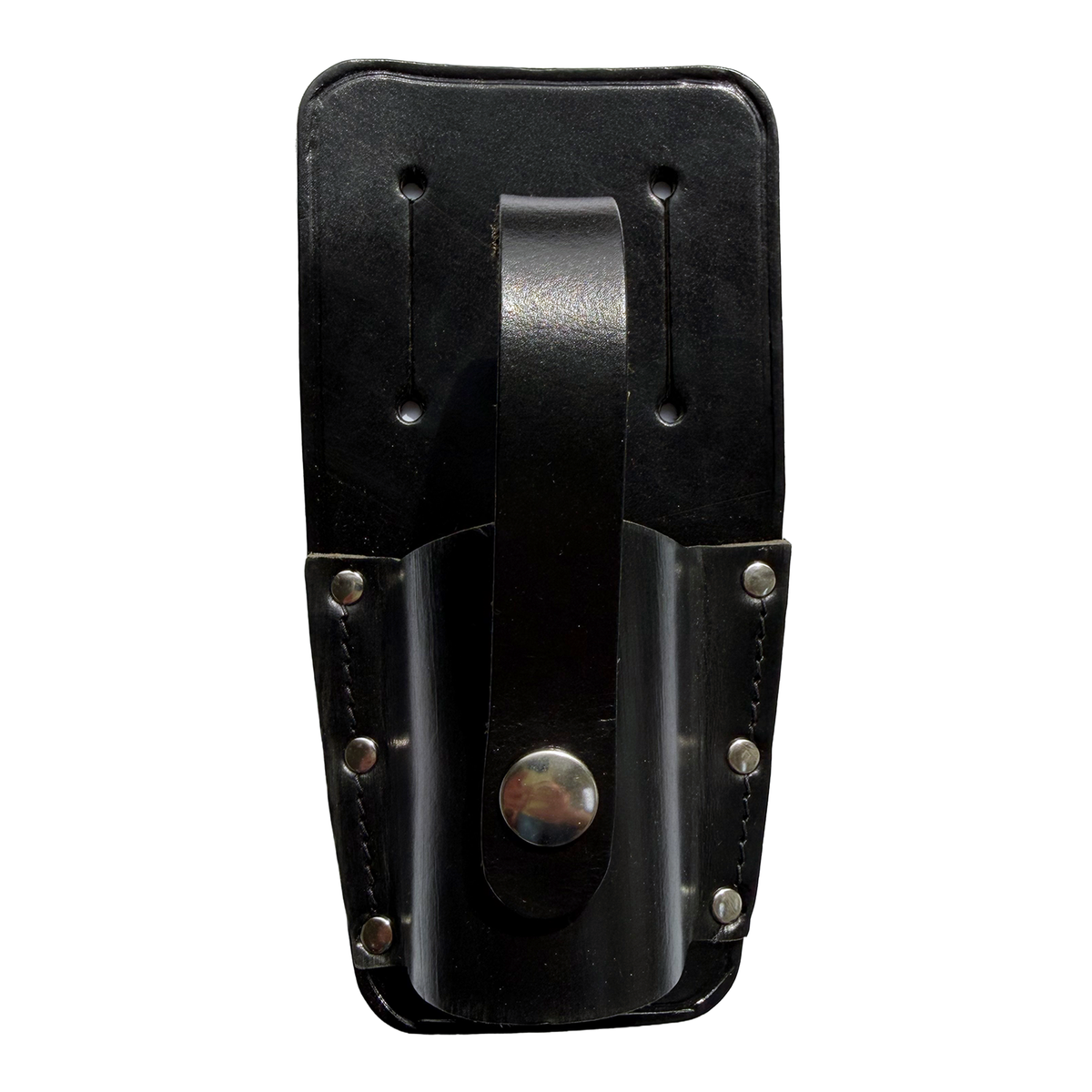 A black leather belt holster with metal snap button
