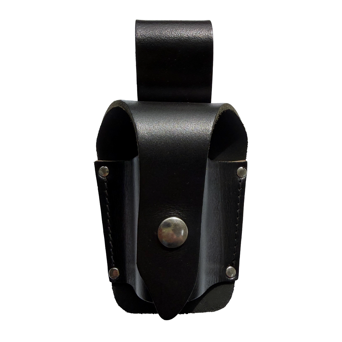 A black leather holster with a snap-button closure