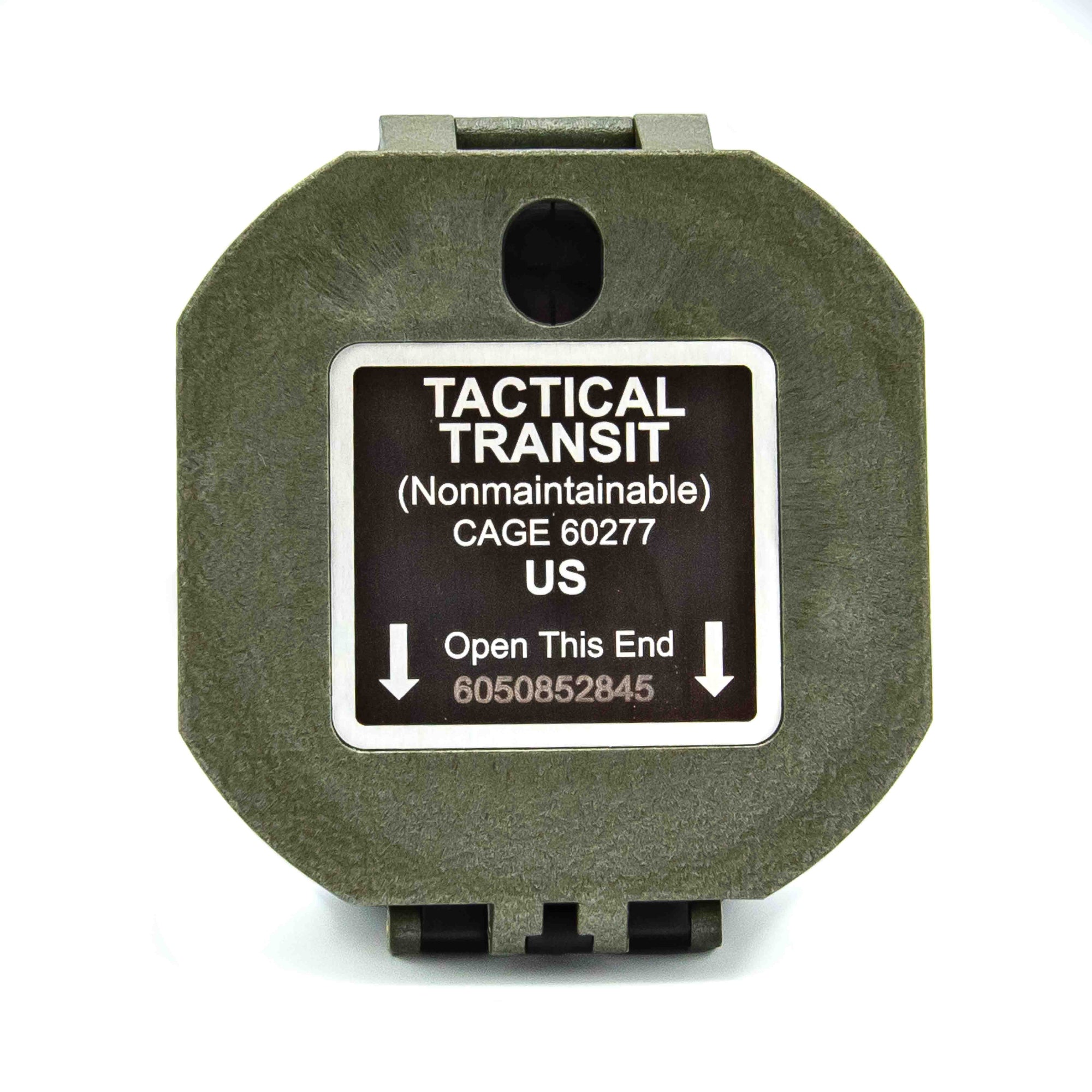 An tactical transit compass with a black label that reads 'TACTICAL TRANSIT CAGE 60277 US