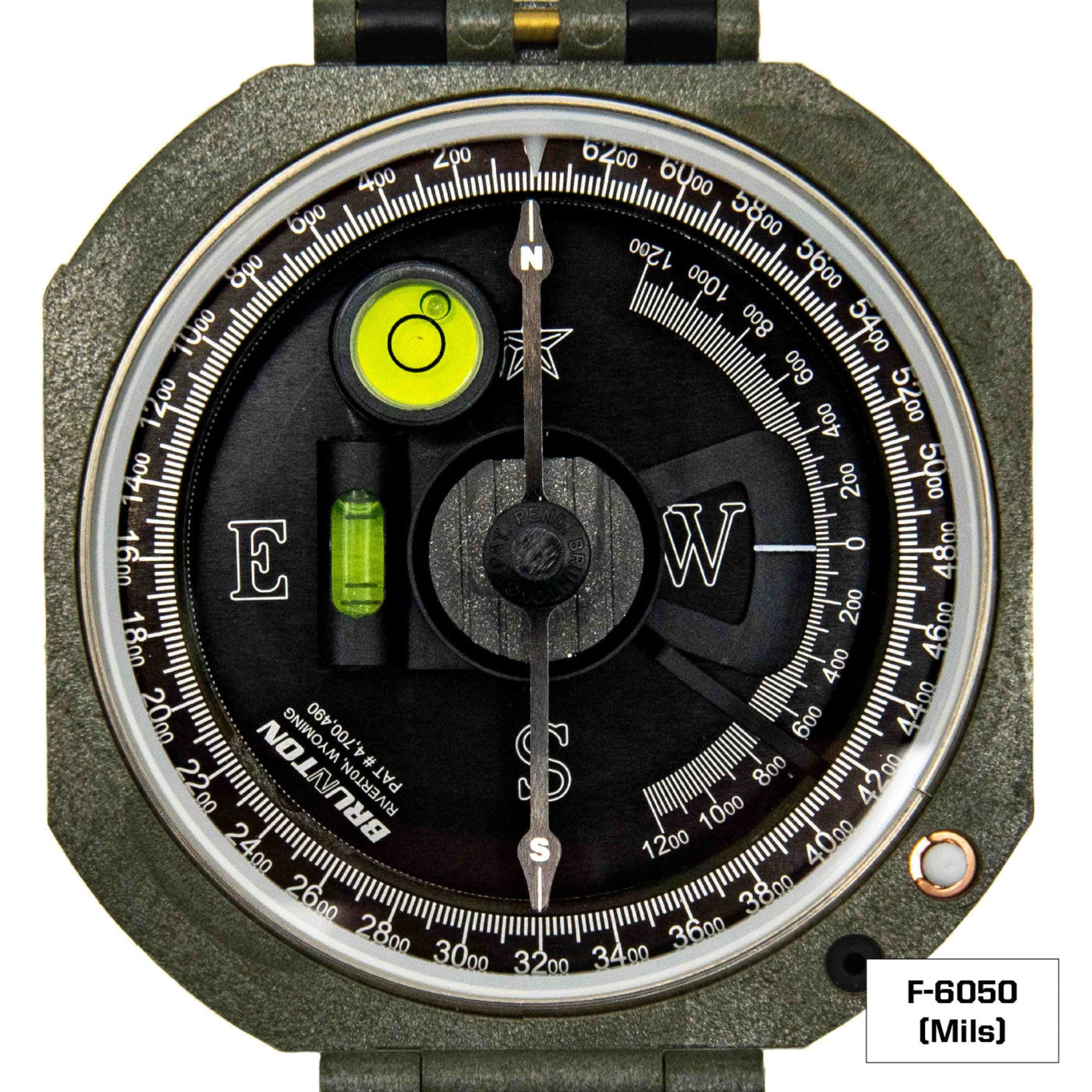 A military-style compass, featuring a black face, a green bubble level, and a silver bezel.
