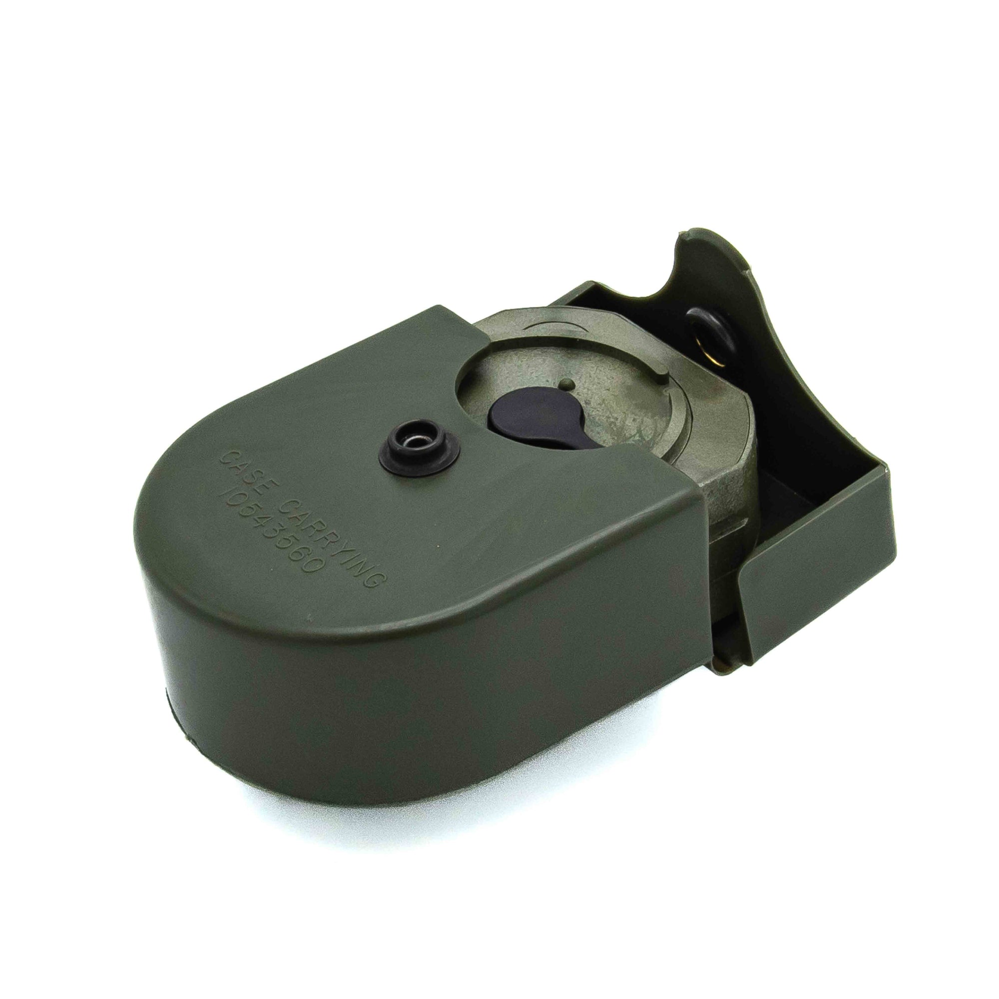 An olive green plastic case with compass.