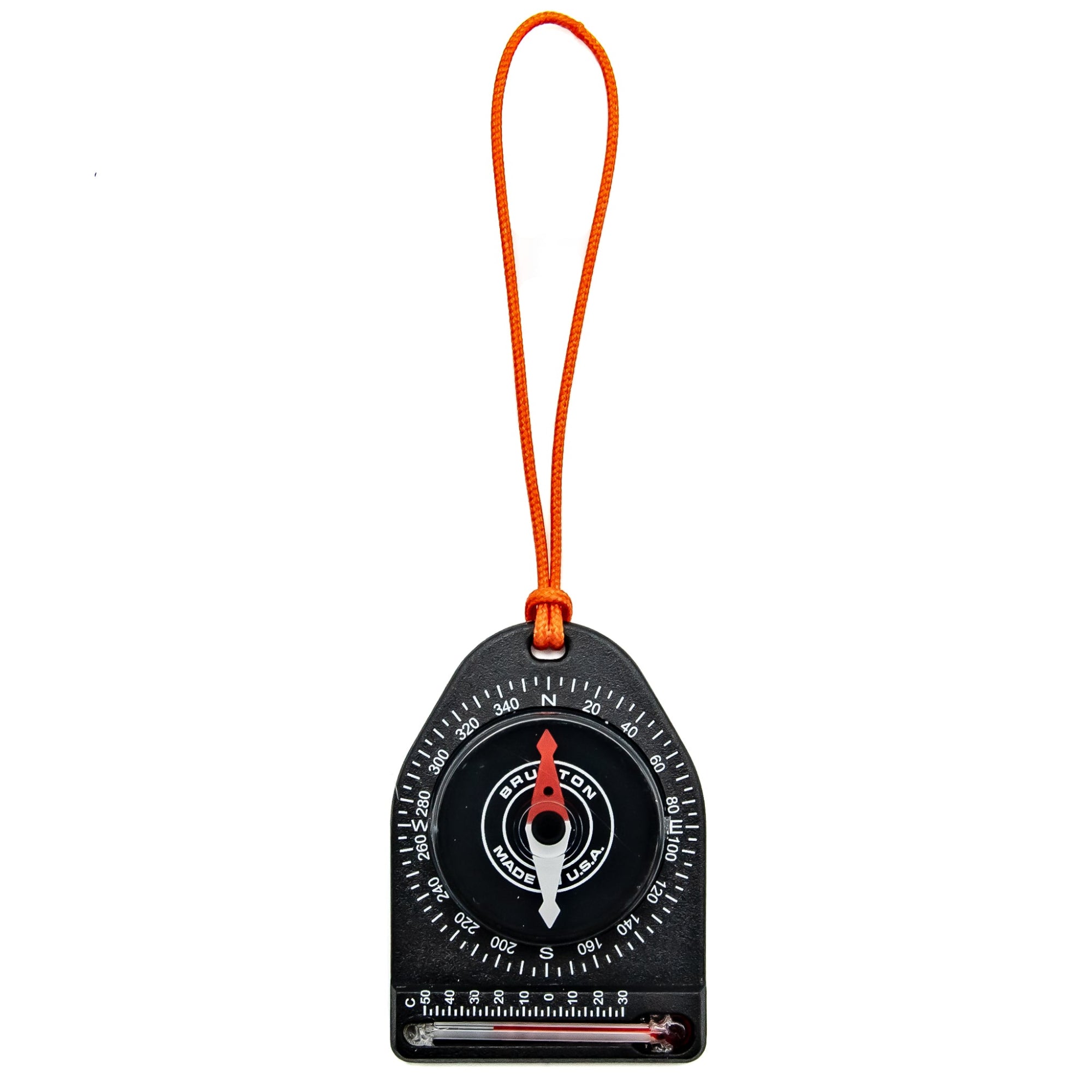 A black compass with thermometer on an orange lanyard.