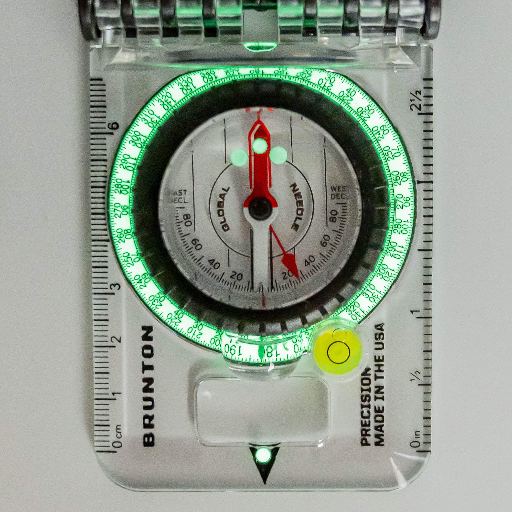 Brunton TruArc 15 Degrees/Mils Glow Compass with Clinometer Glow in the Dark Dial Close Up