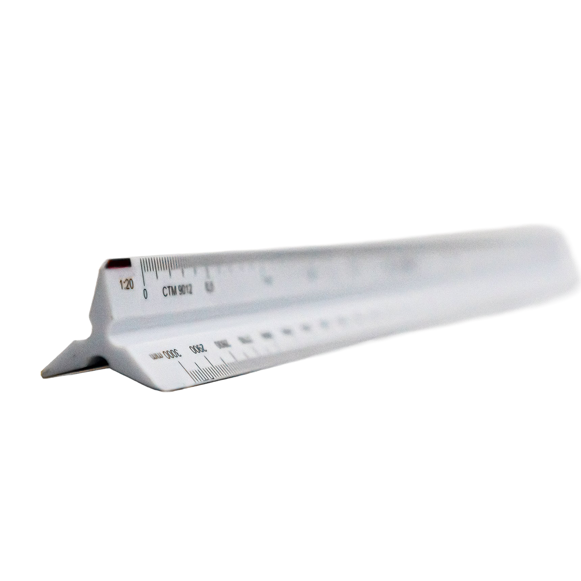 A white plastic triangular ruler with printed black measurement markings