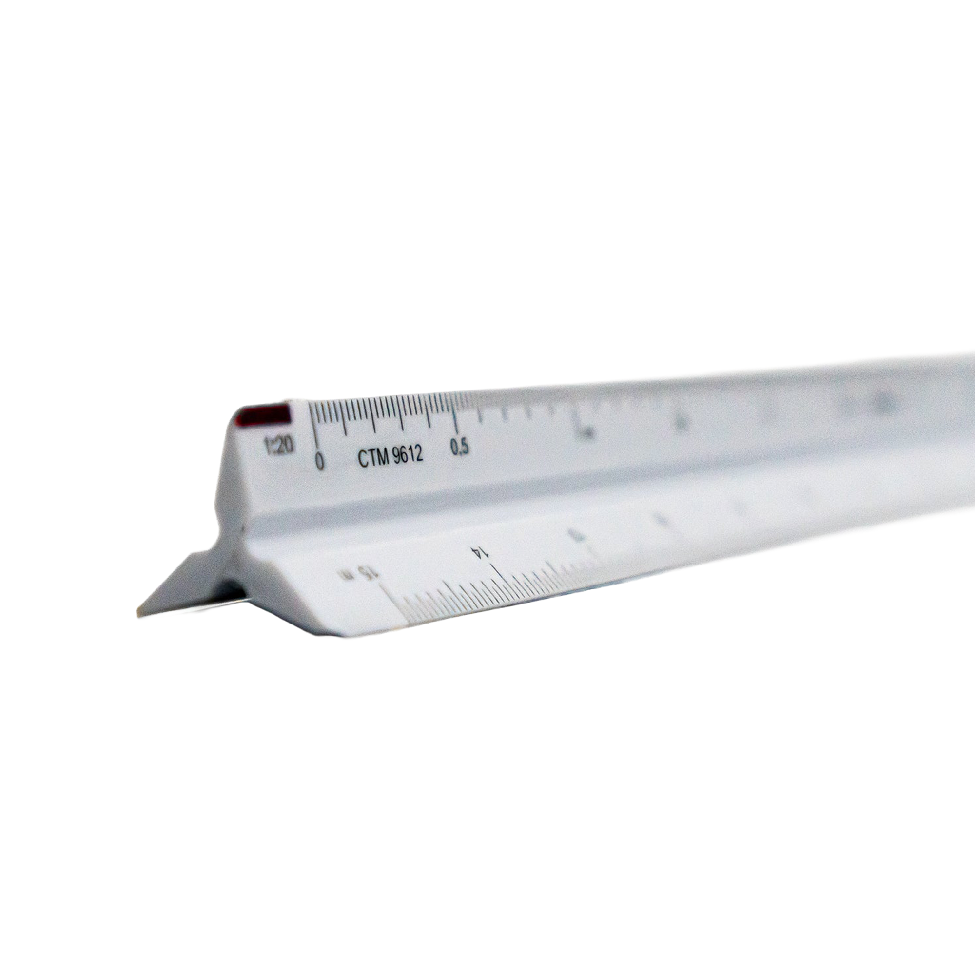 A white ruler with black printed measurement markings on a white background.