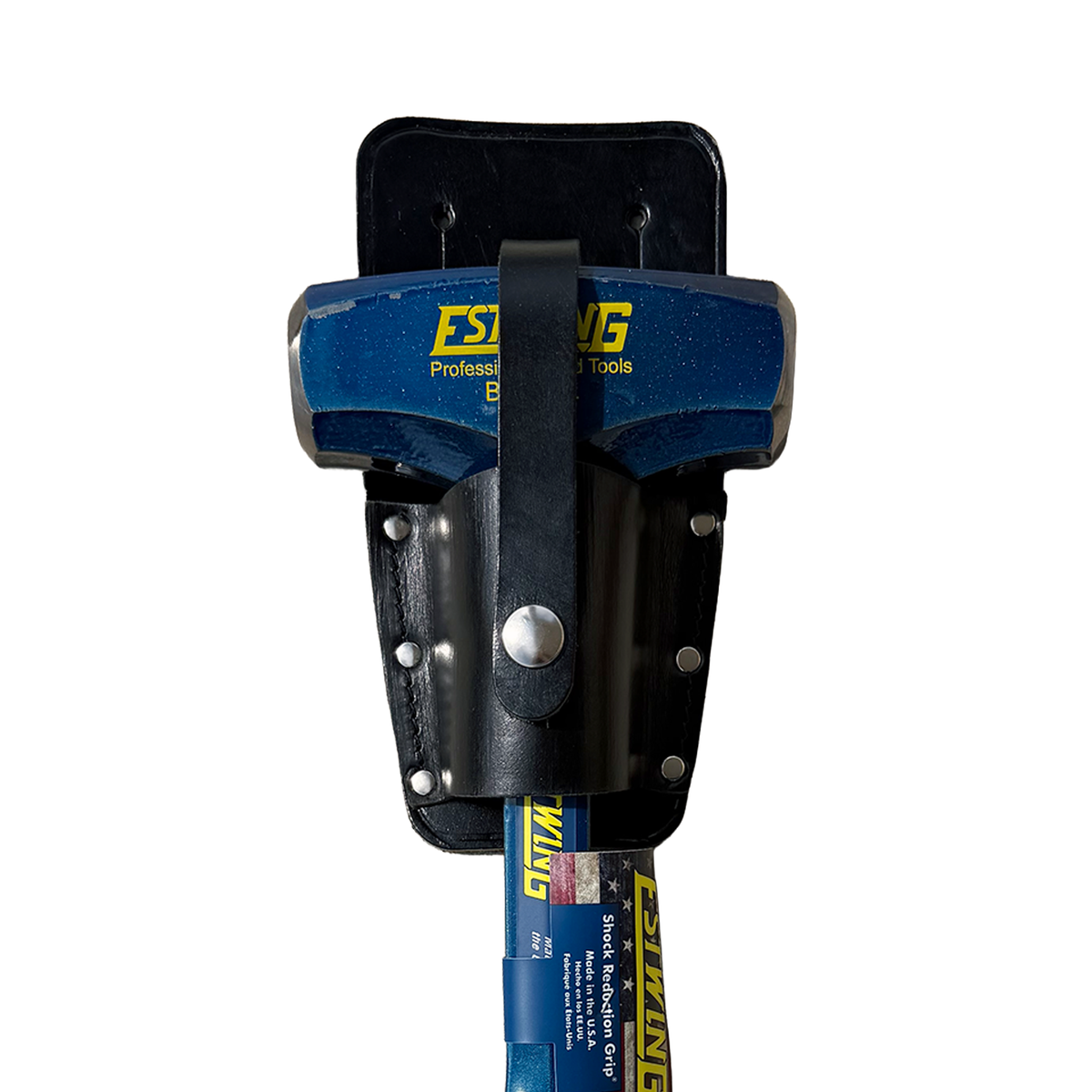 A black leather tool sheath holding a Estwing Hammer