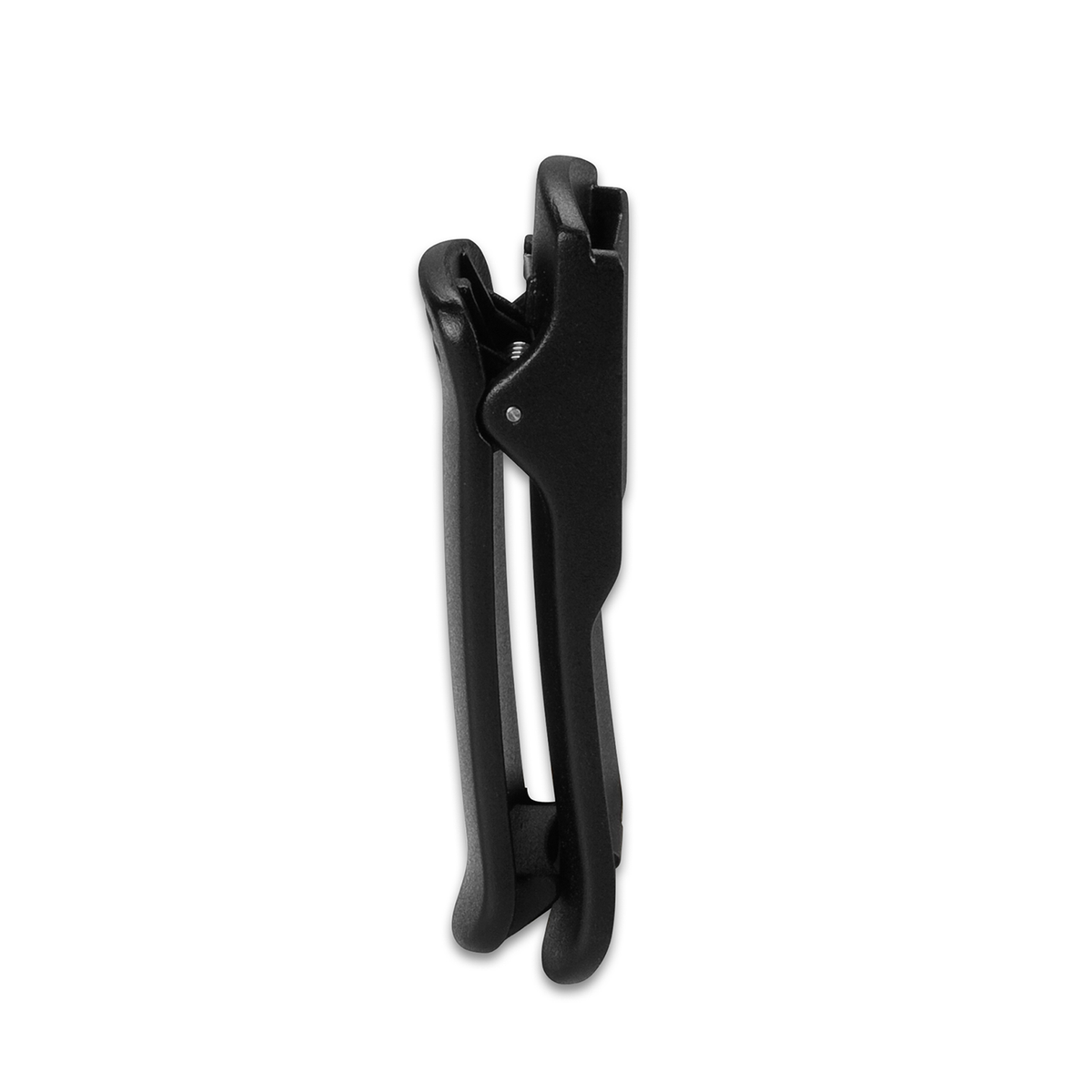 A black plastic spring clamp shown vertically on a white background.