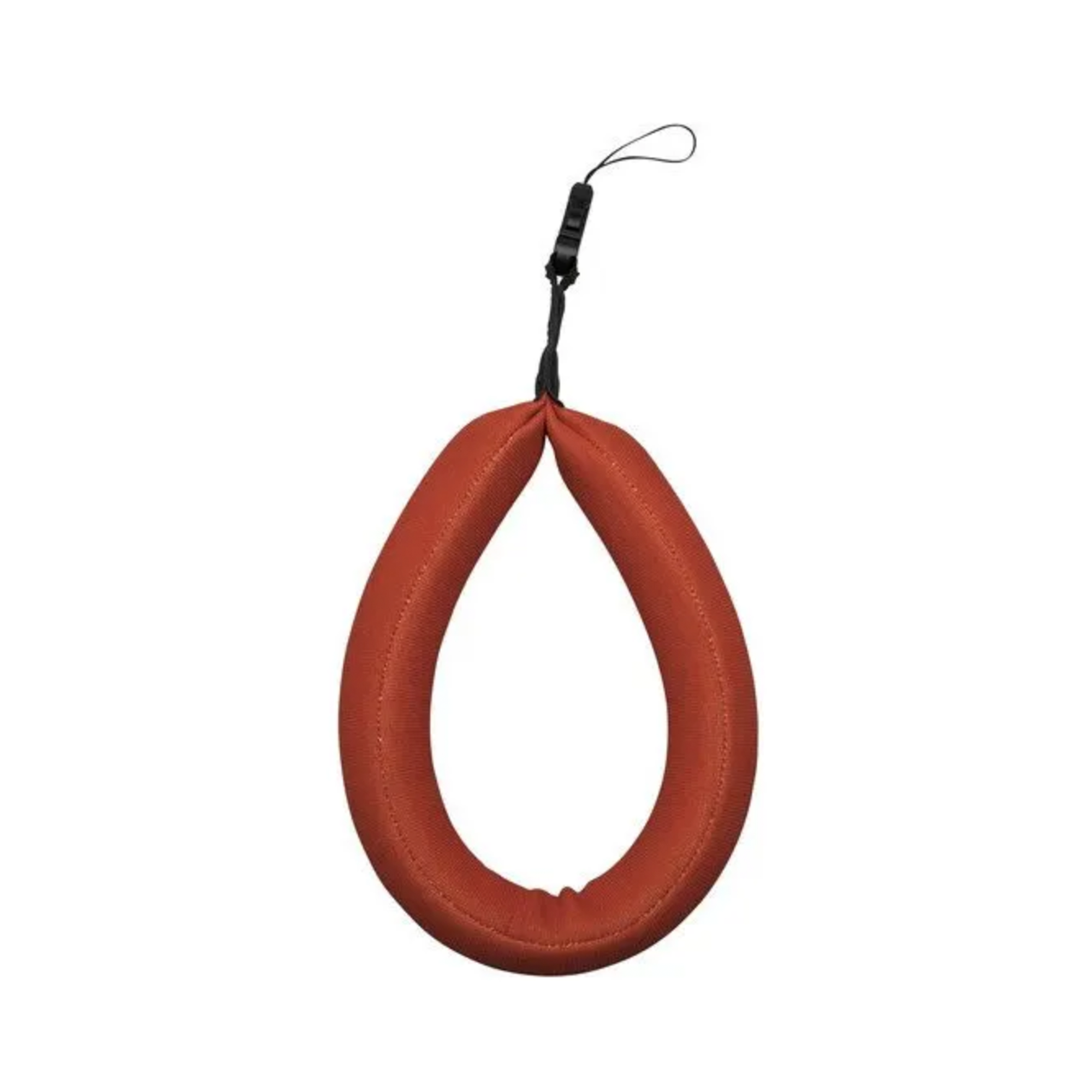 An orange-red padded floatation lanyard with a black plastic buckle and a thin black hanging loop