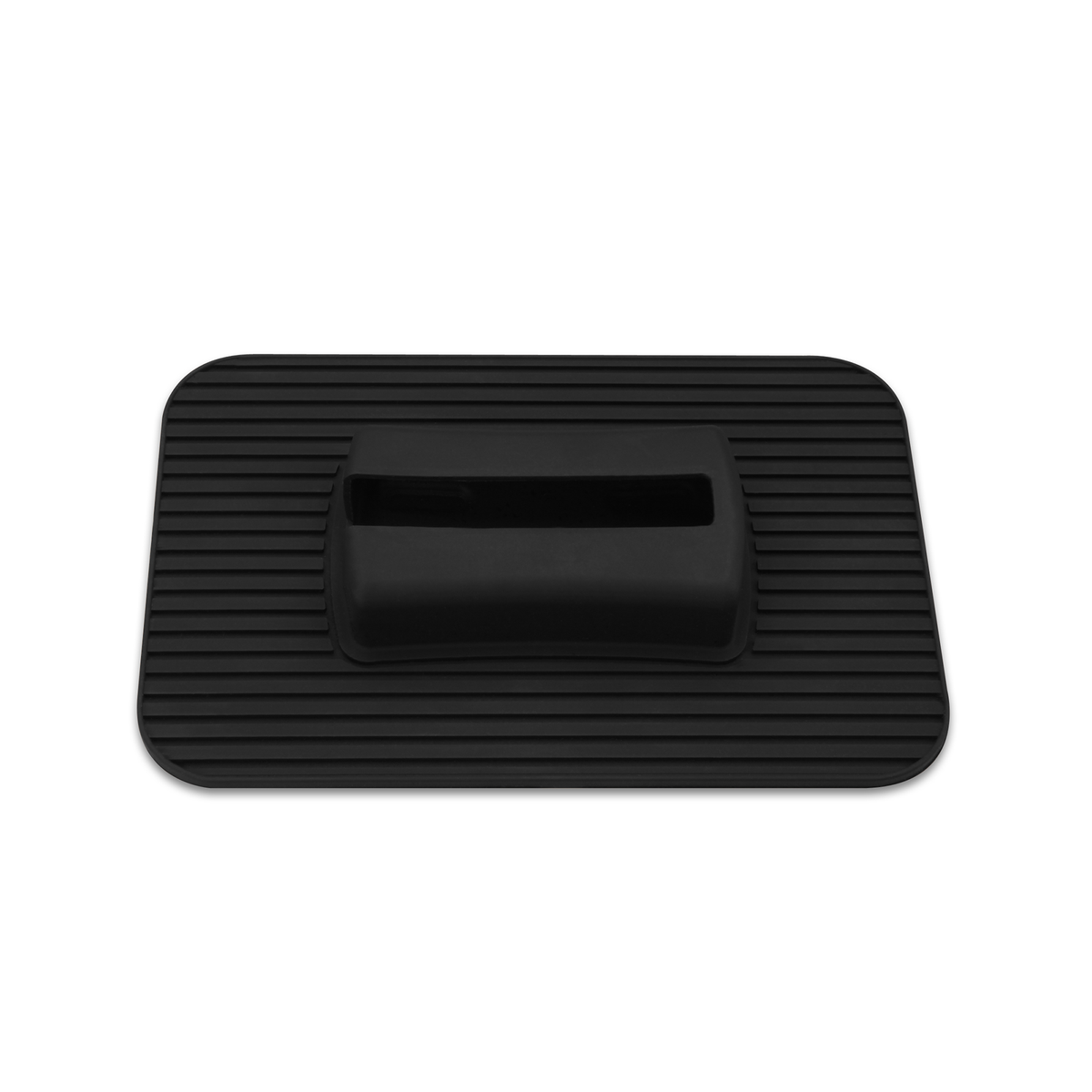 Black rectangular rubber mat with textured surface on a white background