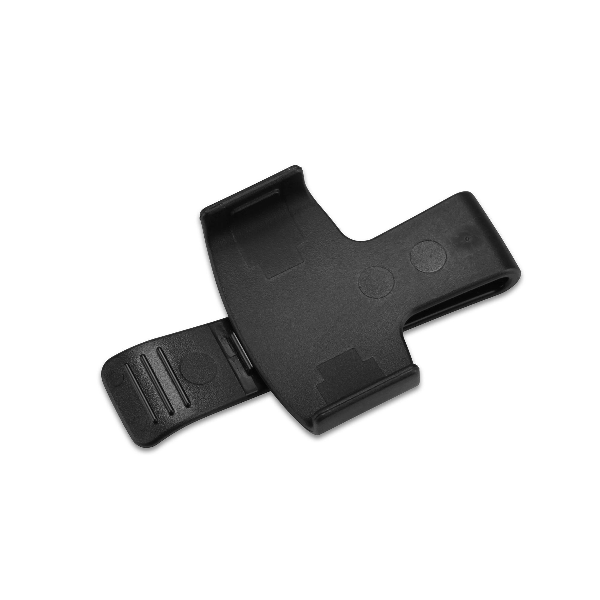 A black plastic belt clip on a solid white background.
