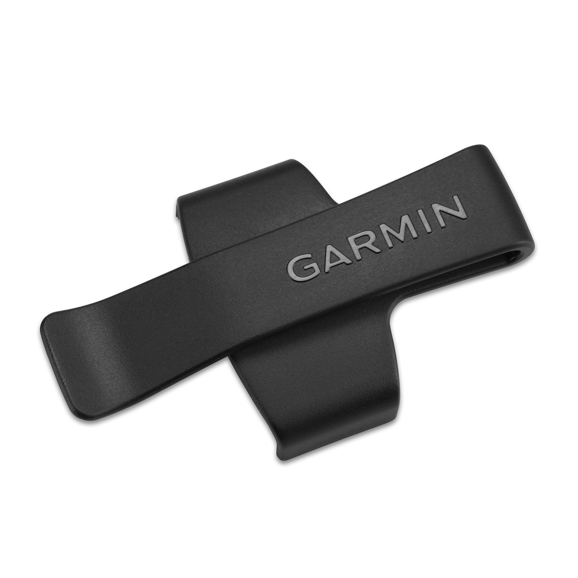 A black Garmin-branded clip-on belt clip on a white background