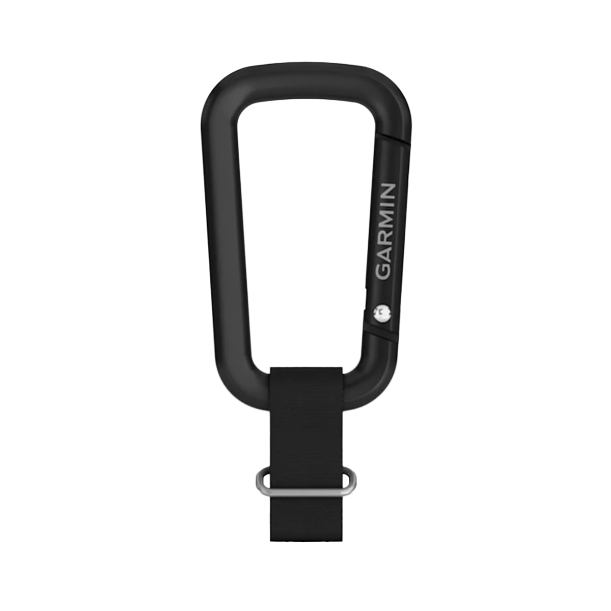 A black Garmin carabiner with a black strap and silver metal buckle