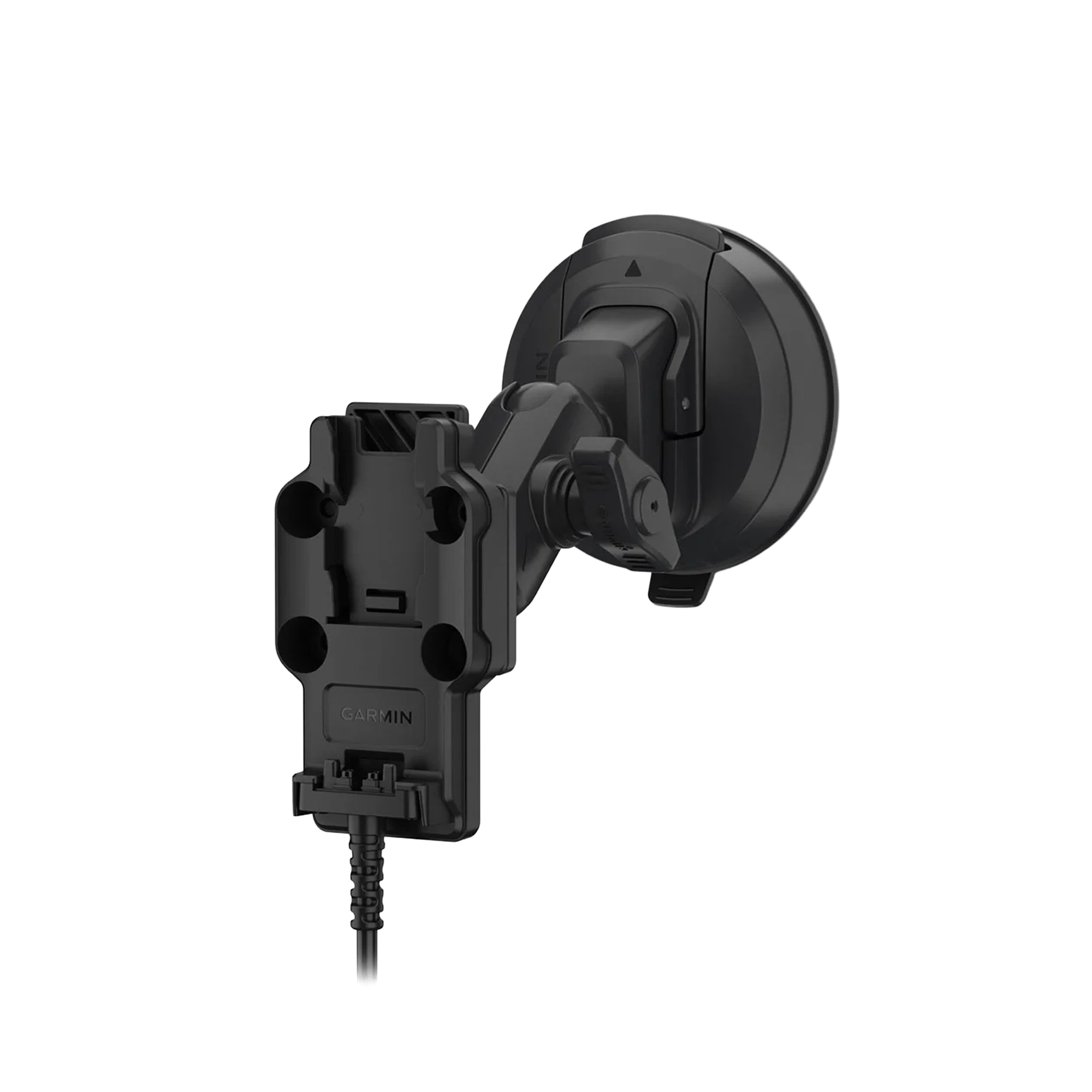Black suction mount with a power cable, on a white background.