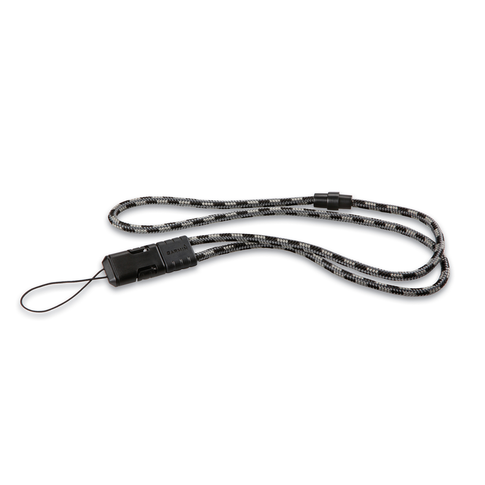 A black and white patterned braided lanyard with black plastic clips and a small attached black loop