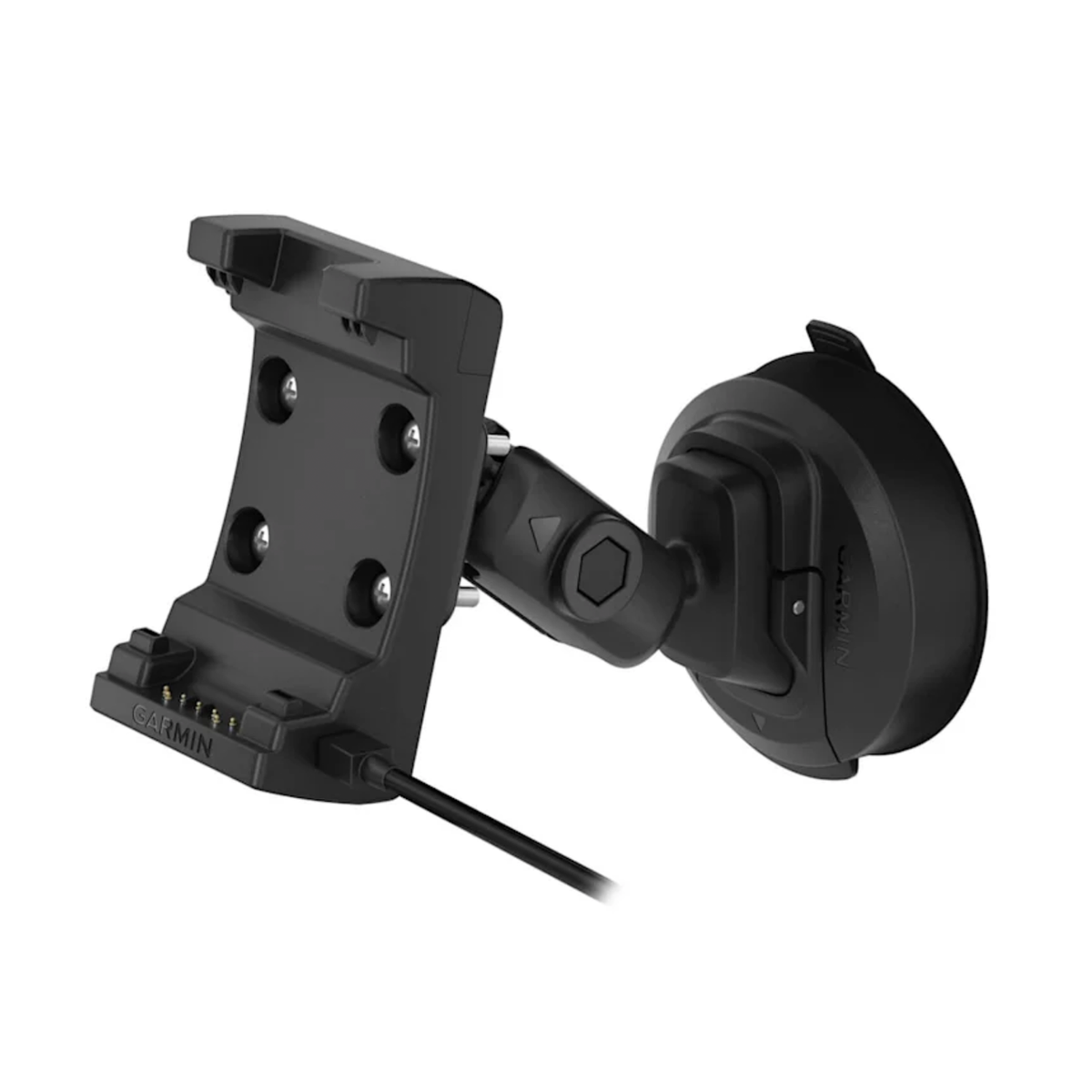 A black Garmin windshield suction mount with a mounting bracket, adjustable arm, and power cable