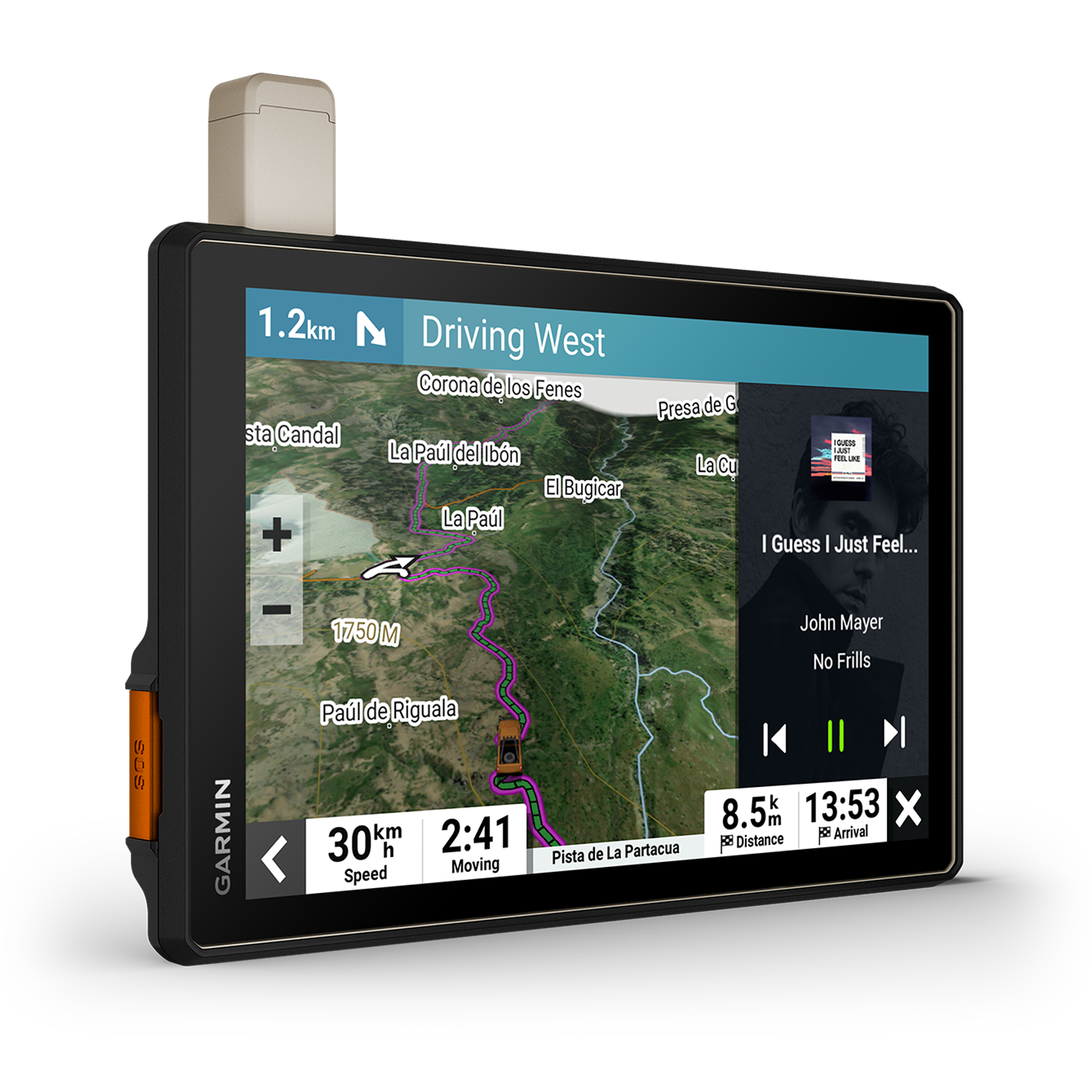 A Garmin GPS navigation device with a screen showing a map and driving directions