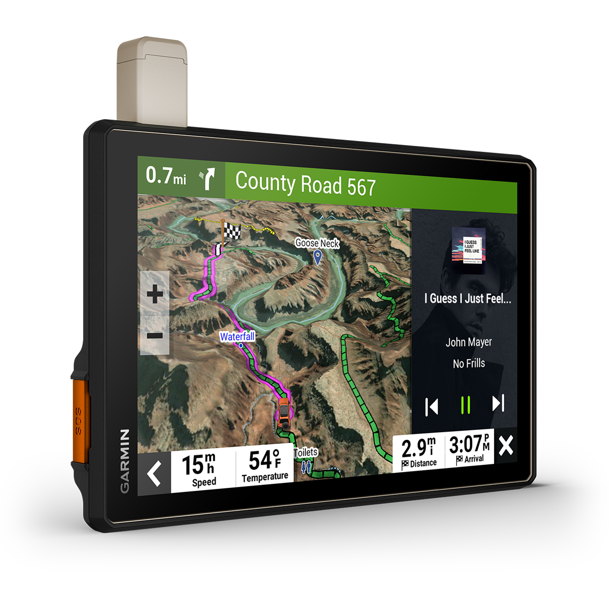 A Garmin GPS navigation device with a displaying a map route for County Road