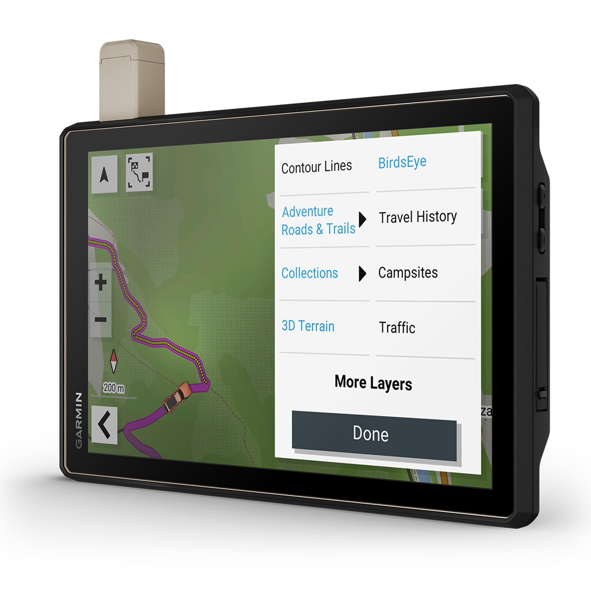 A Garmin GPS navigation device.The screen displays a map interface