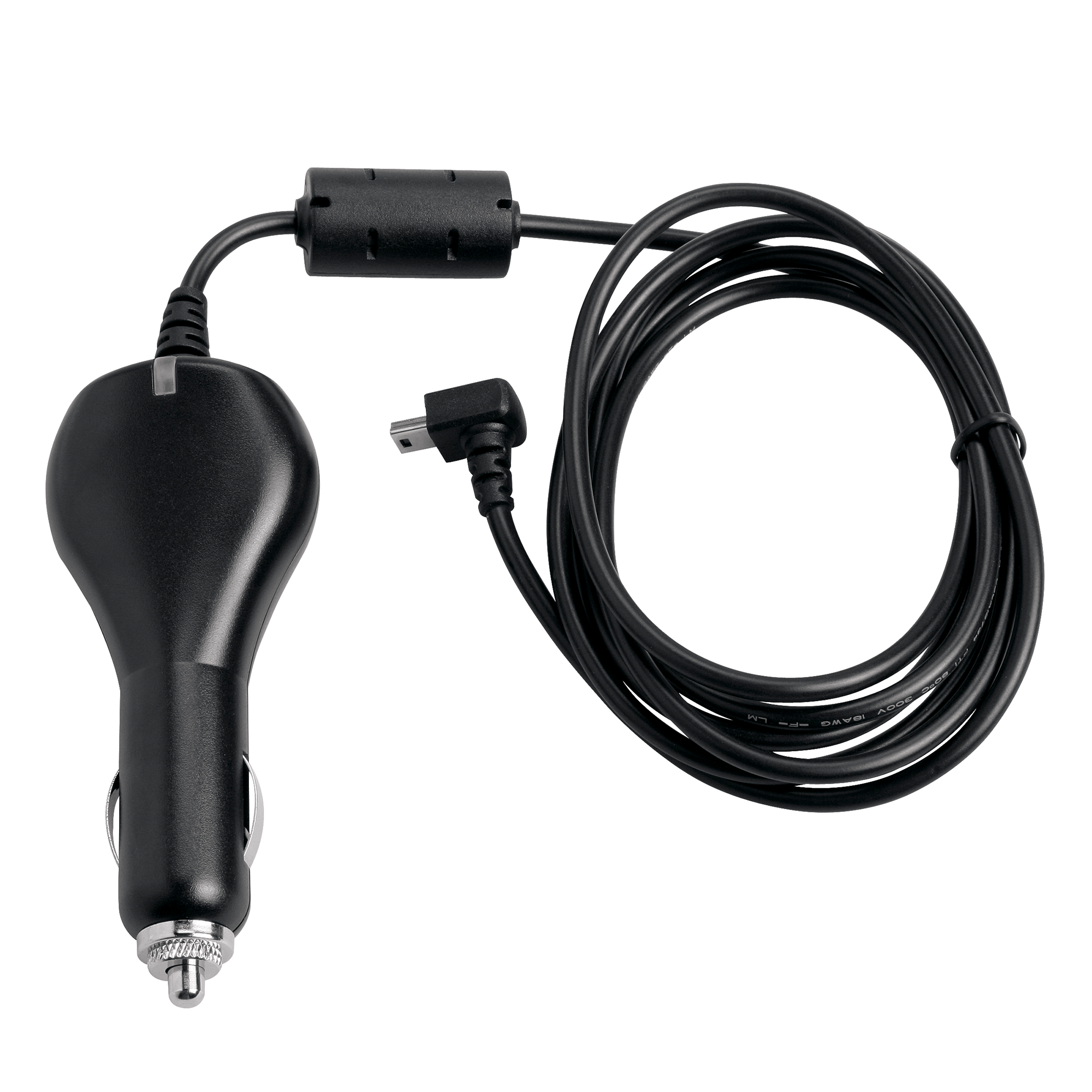 A black car cigarette lighter charger with a coiled cable and plug