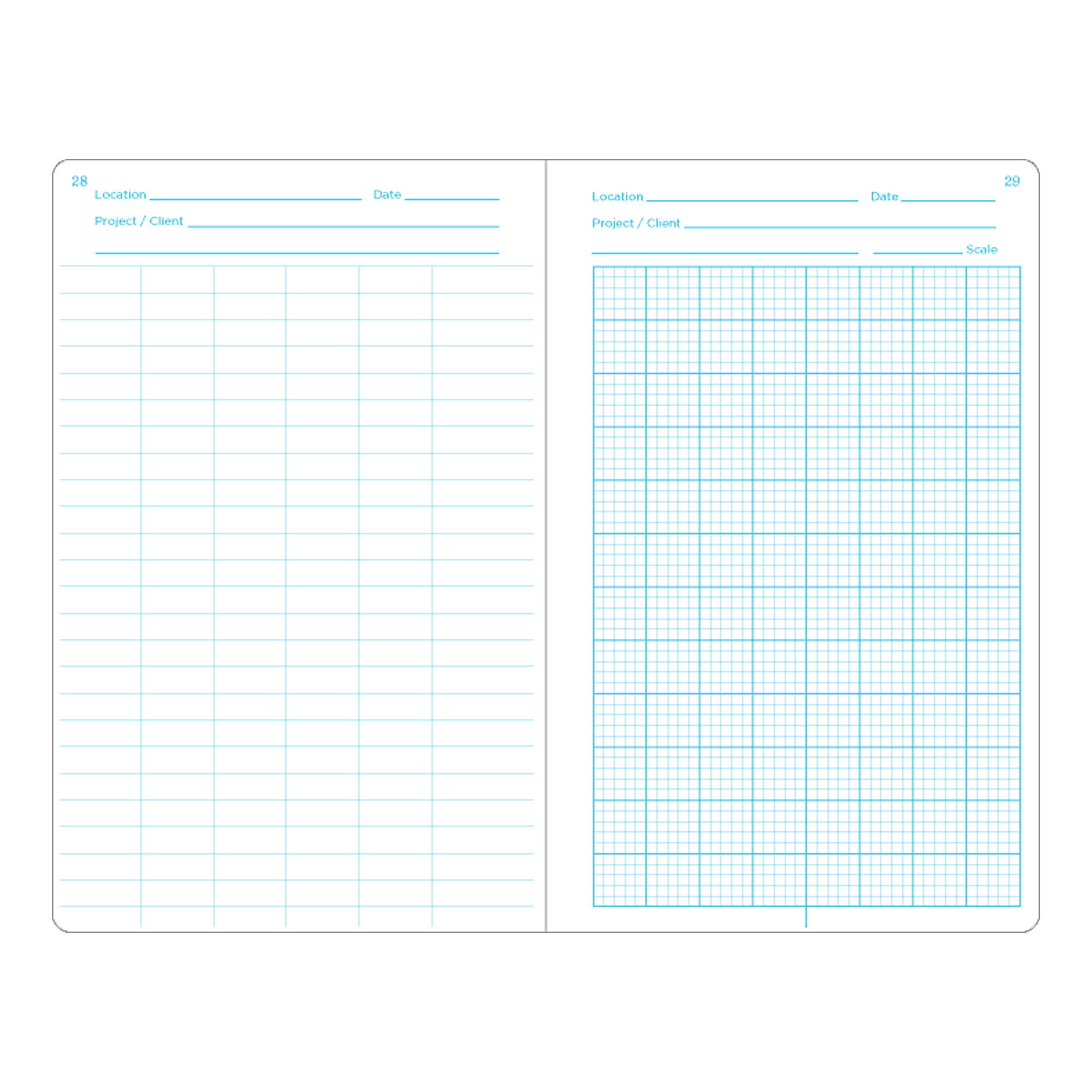 An open notebook showing two blue-lined grid pages on a plain white background.