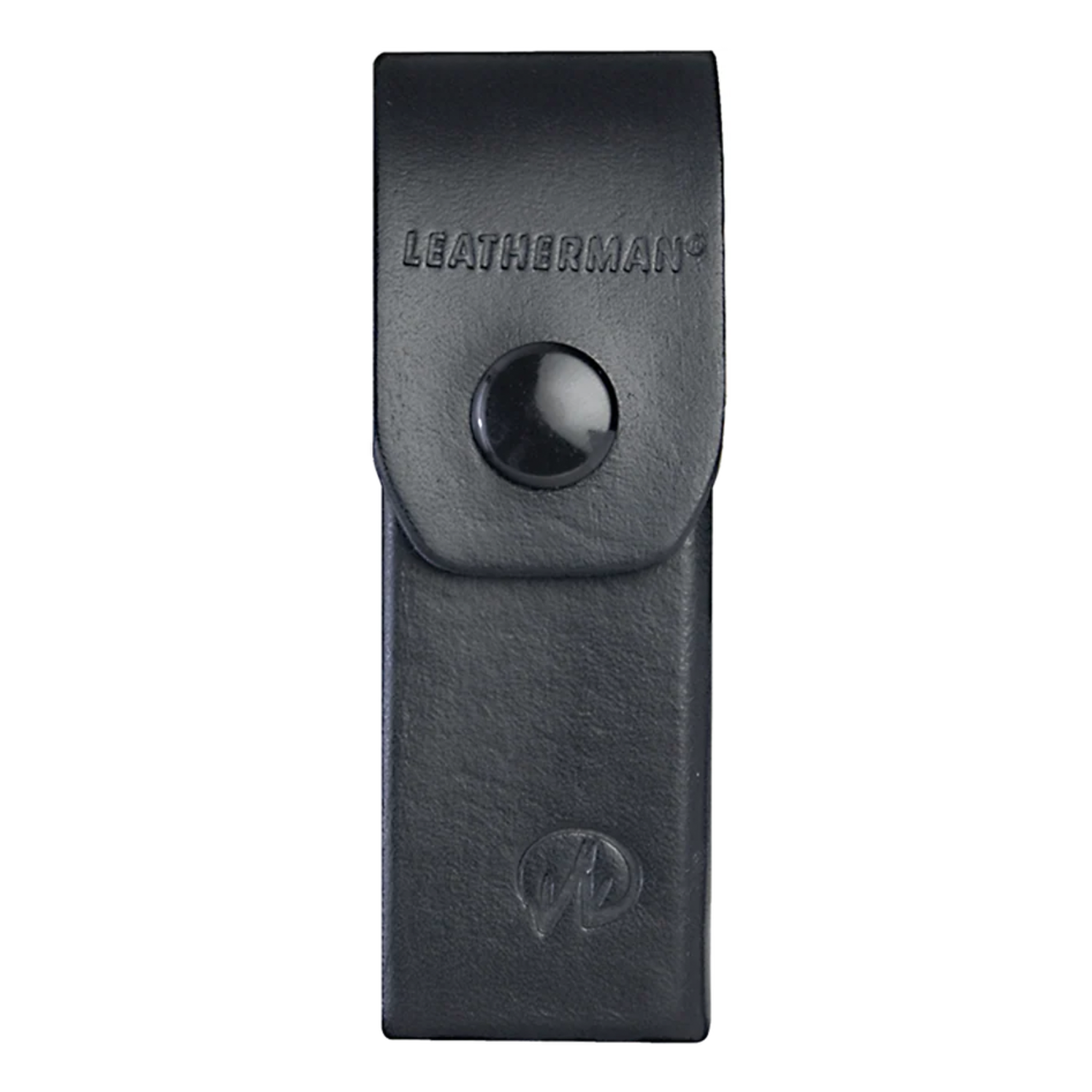 Black leather sheath with Leatherman logo on a white background