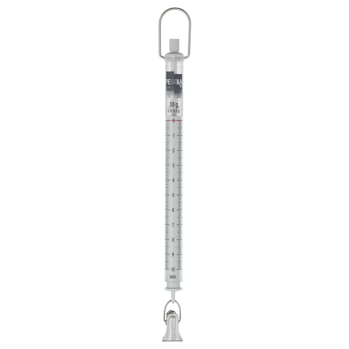 A vertical spring scale with a silver metal hanging loop and clamp