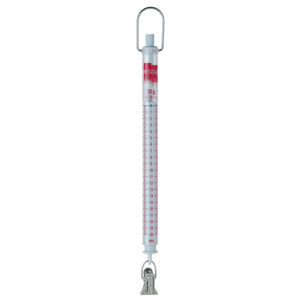 A vertical spring scale with a silver metal hanging loop and clamp