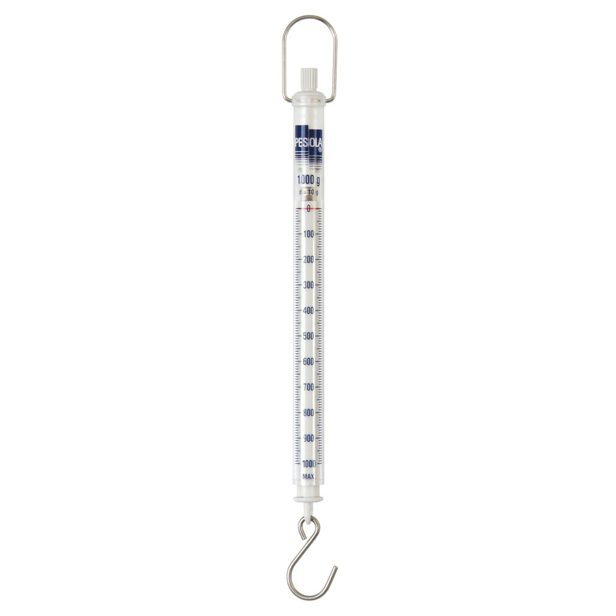 A vertical spring scale with a silver metal hanging loop and hook