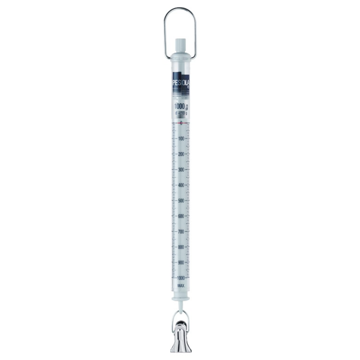 A vertical spring scale with a silver metal hanging loop and clamp