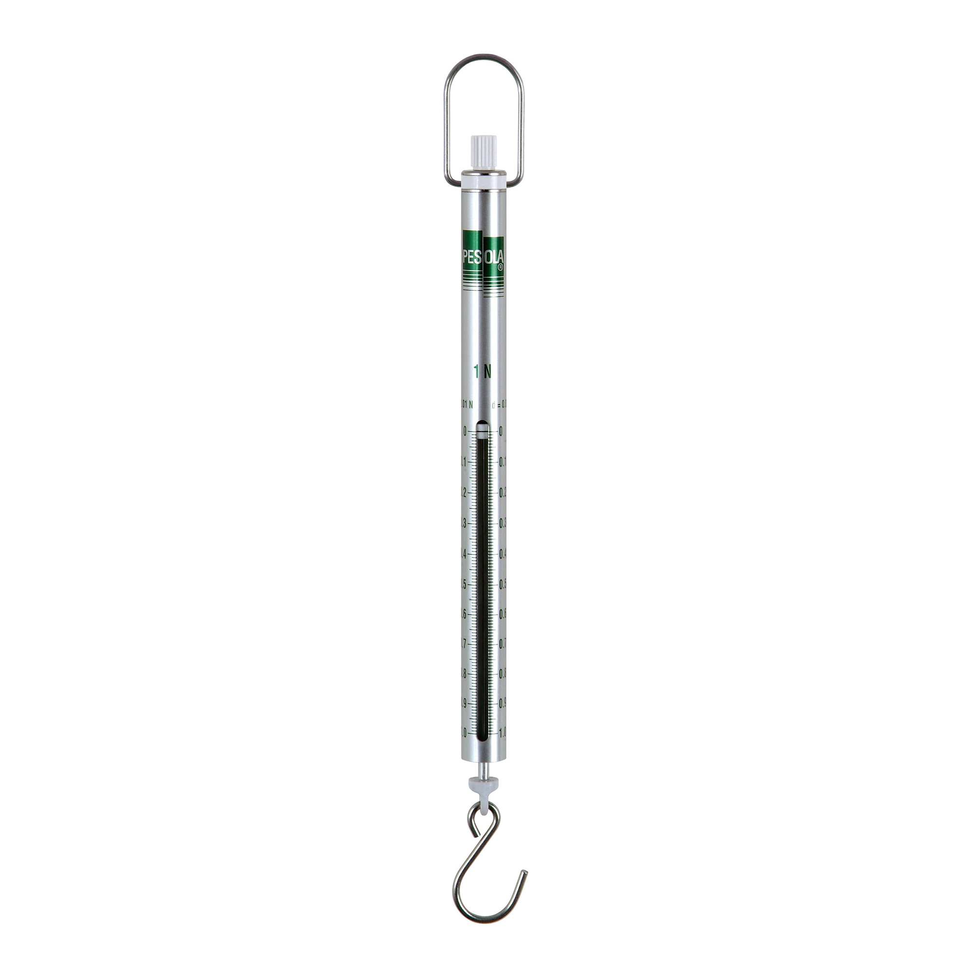 A vertical spring scale with a silver metal body and hook at the bottom