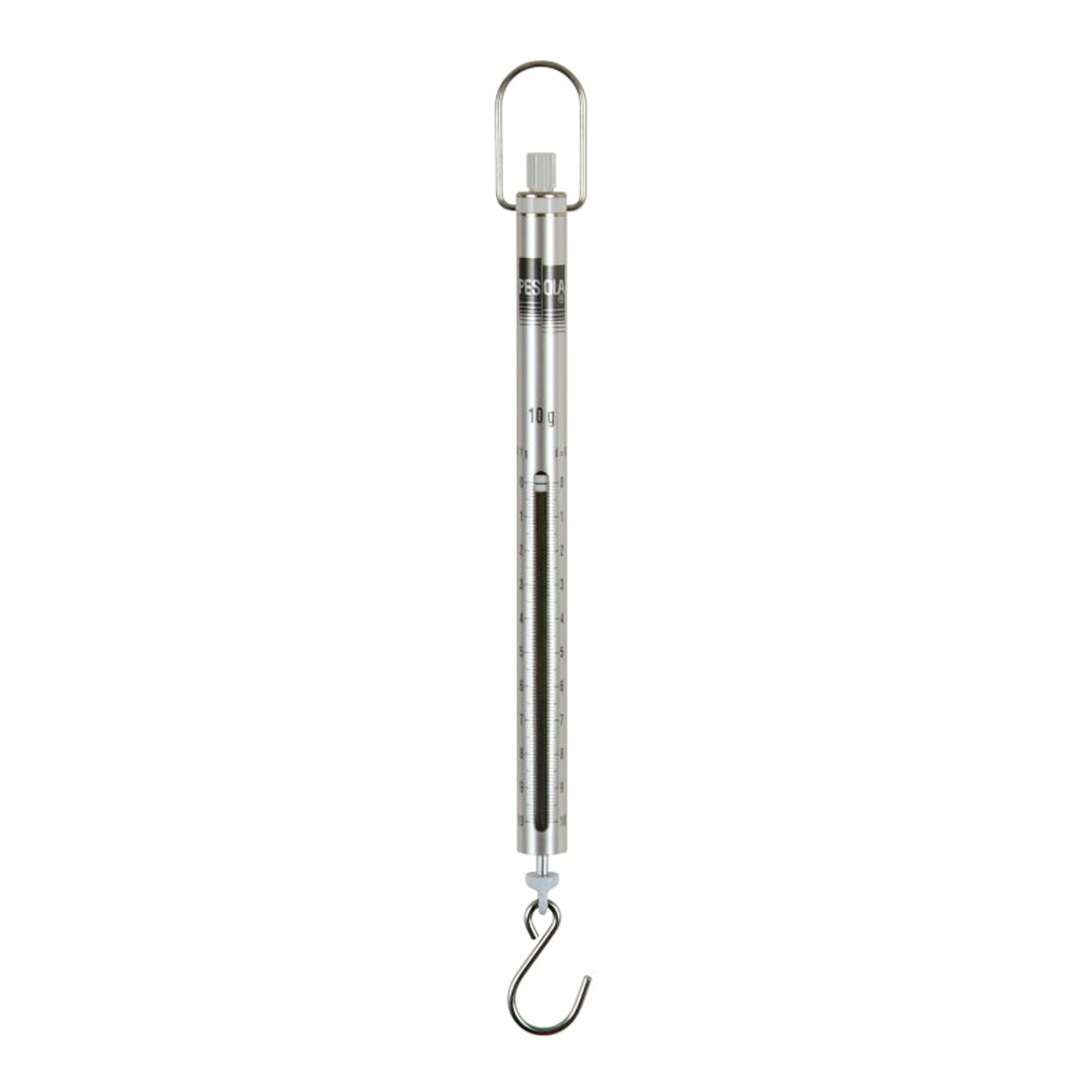 A metal hanging spring scale with a hook at the bottom shown vertically on a white background.