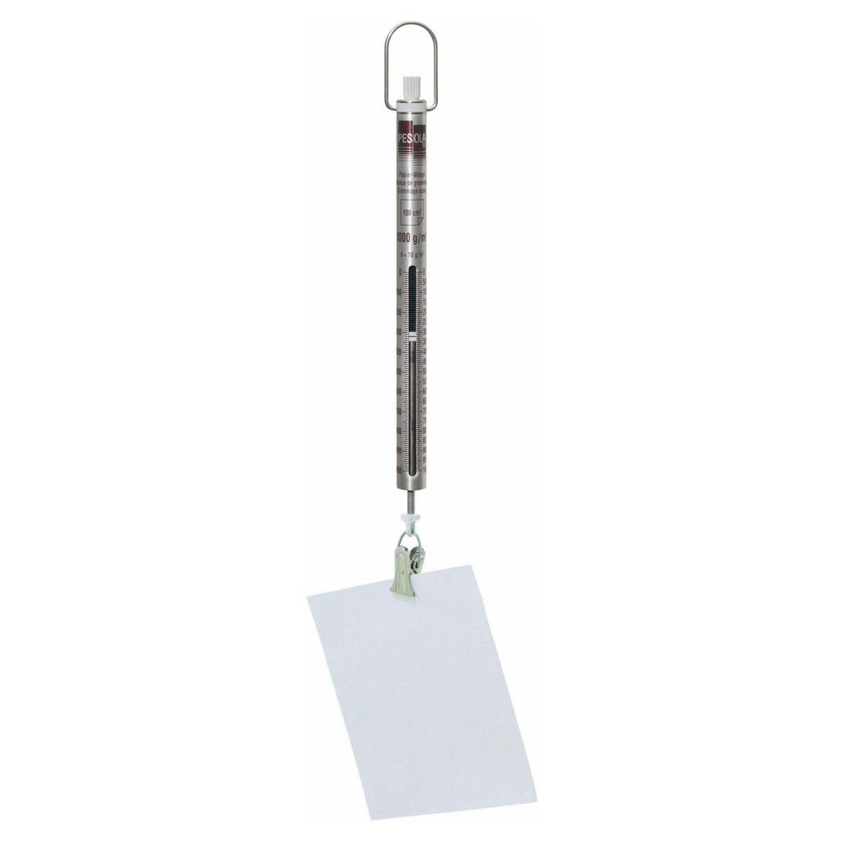 A metal spring scale with a white paper attached to its lower clamp