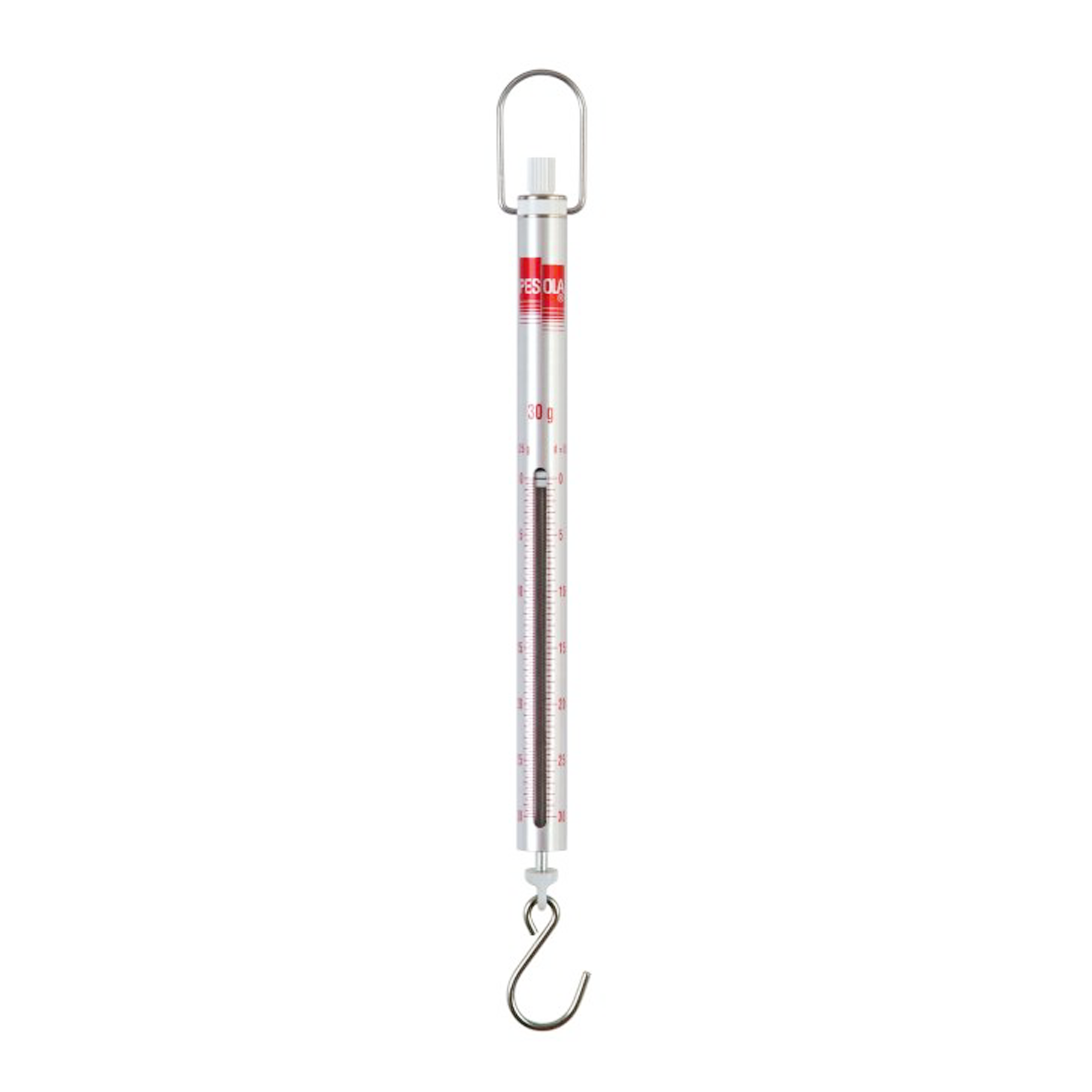A vertical spring scale with a metal hook at the bottom