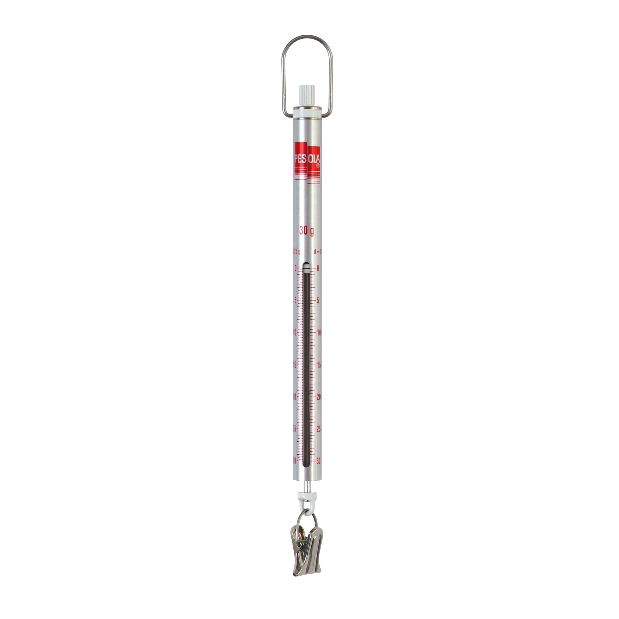 A vertical spring scale with a metal clamp at the bottom