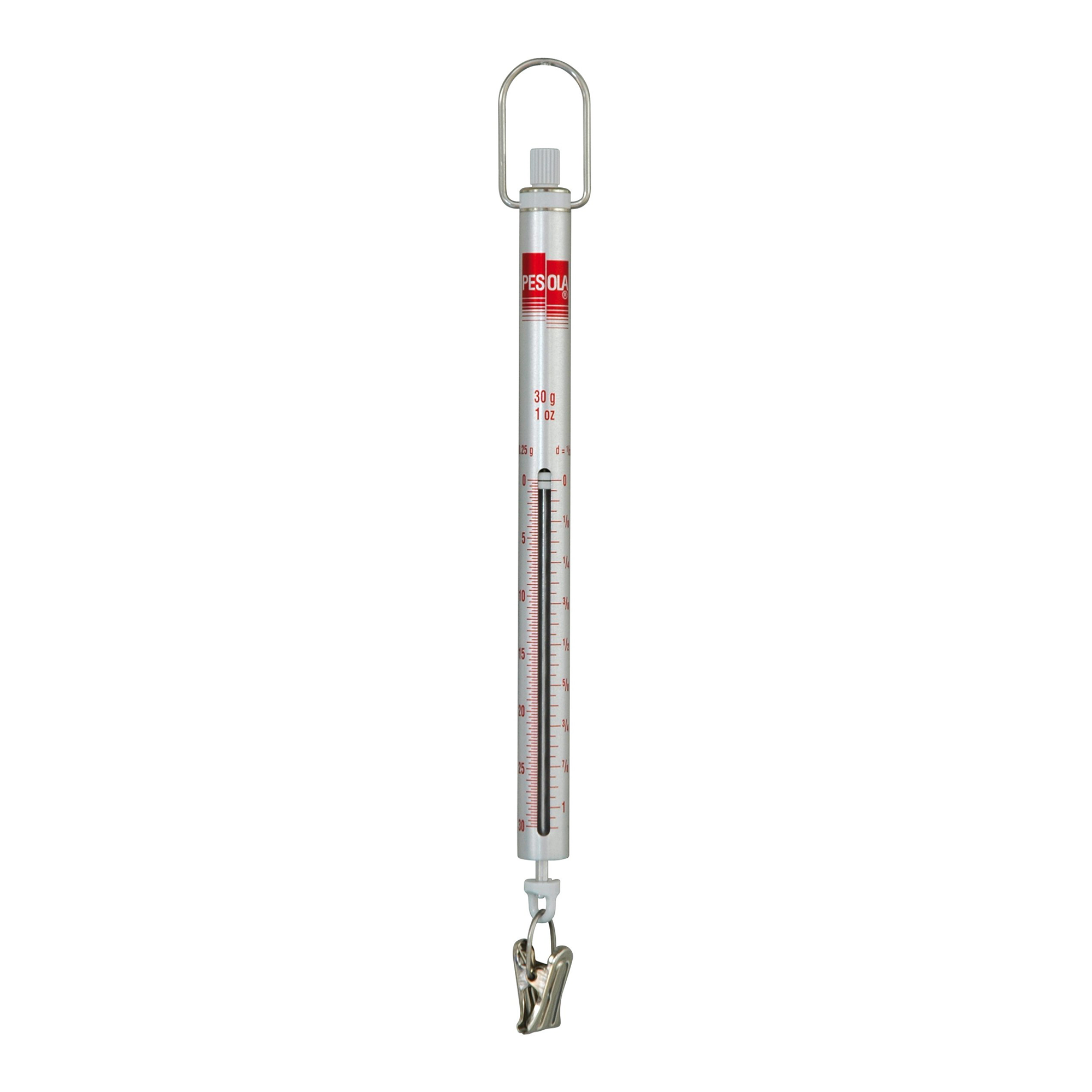 A spring scale with a silver metal body with a silver metal clip at the bottom.