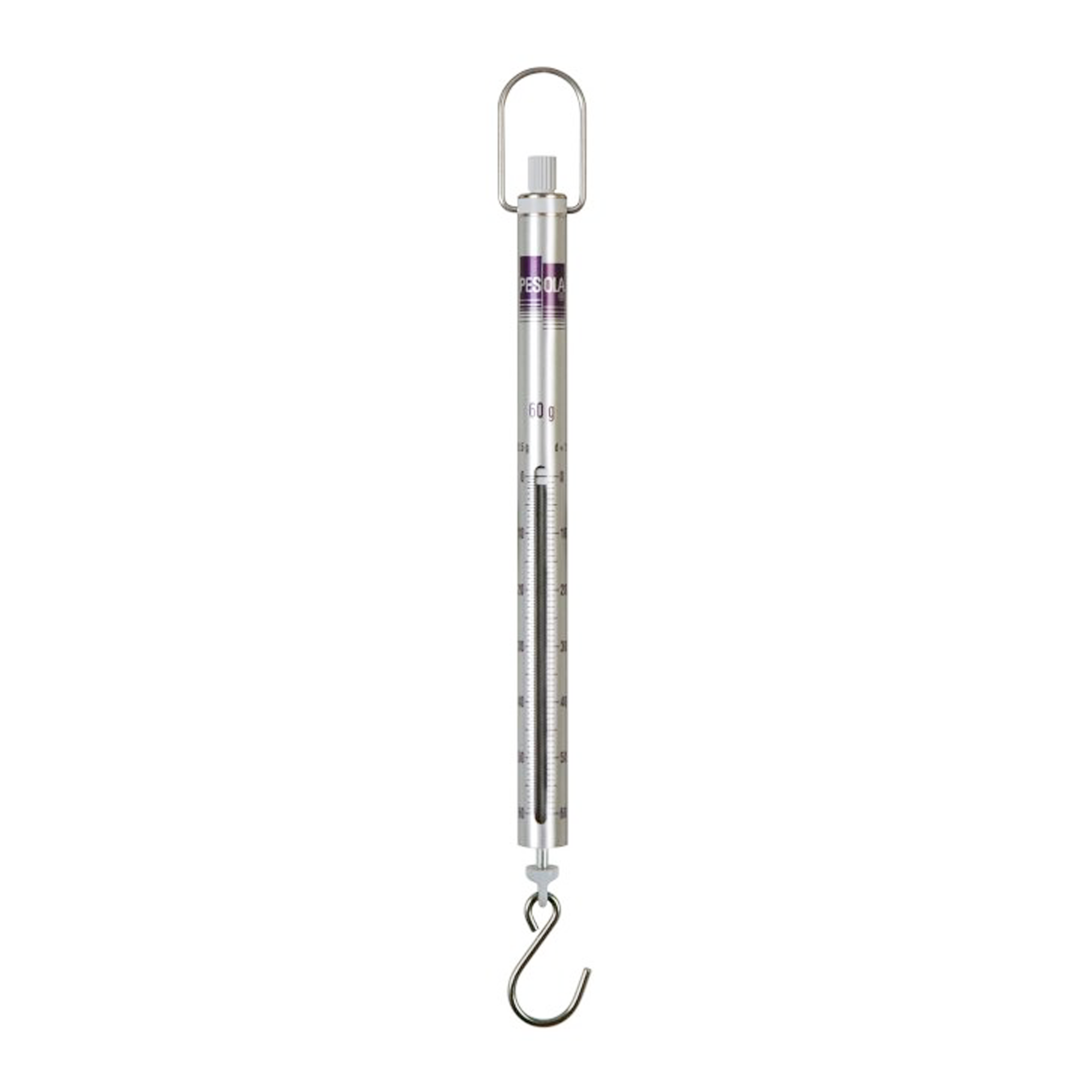 A spring scale with a metal hook at the bottom shown against a white background.