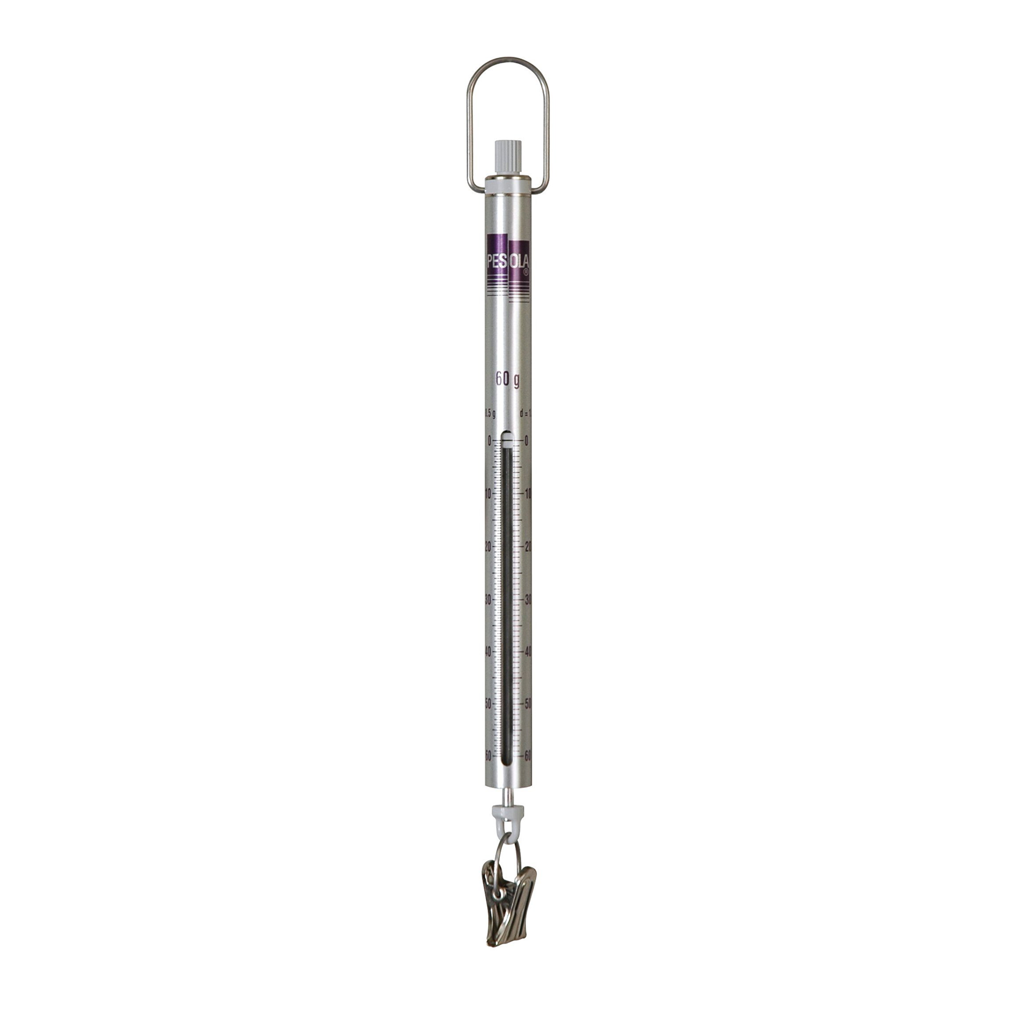 A spring scale with a metal spring clip at the bottom shown against a white background.