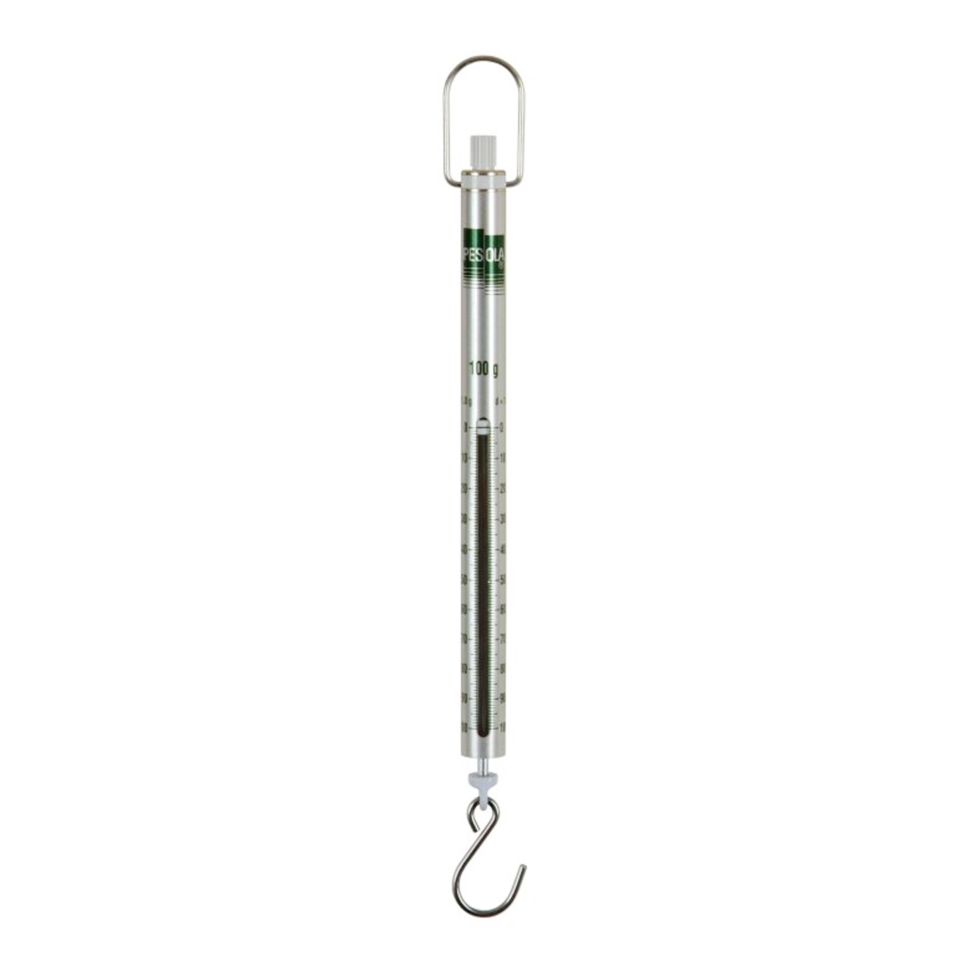 A vertical spring scale with a metal hanging hook at the bottom