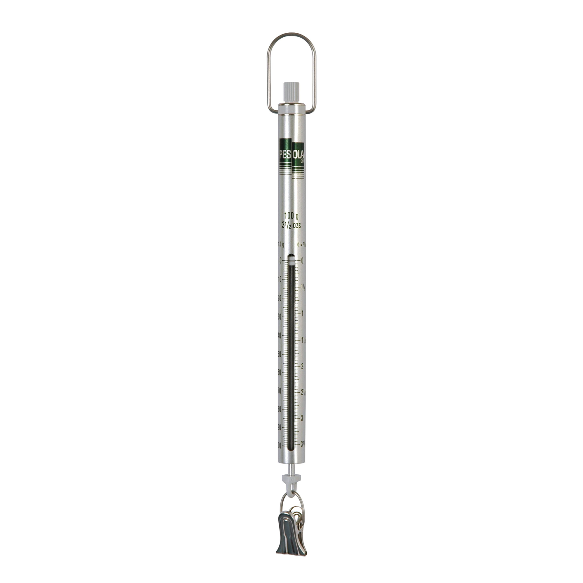 A spring scale with a hanging loop at the top and a hook at the bottom