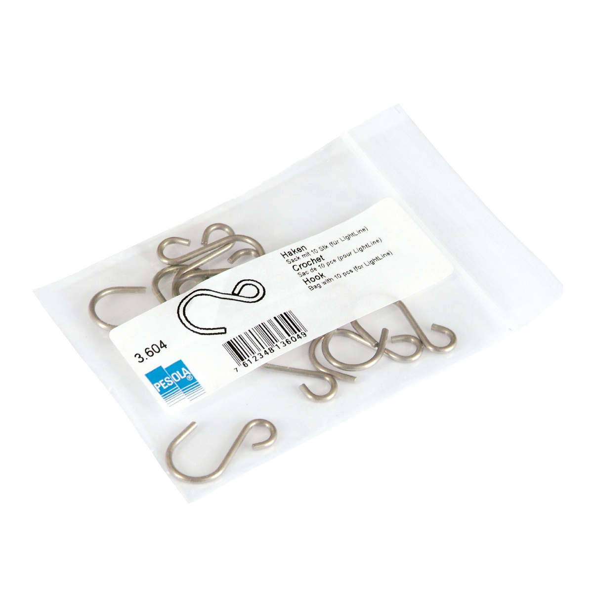A small clear plastic bag containing several silver metal S-hooks