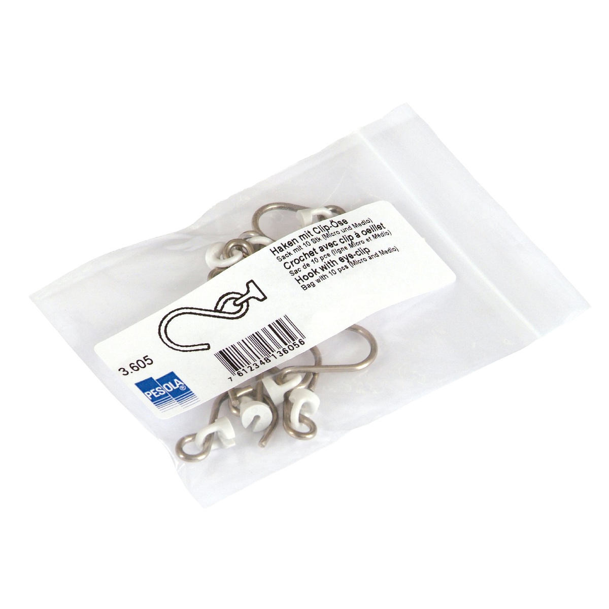 A small clear plastic bag containing several silver hooks